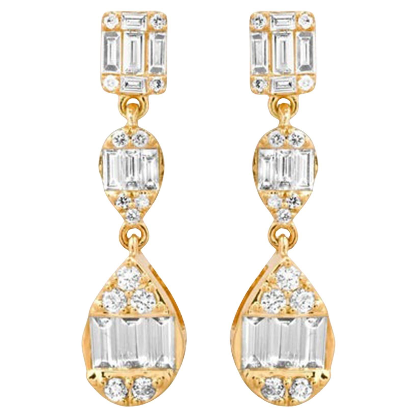 Baguette Round Triple 14K (or 18k upon request) Yellow Gold Drop Dangle Earrings For Sale