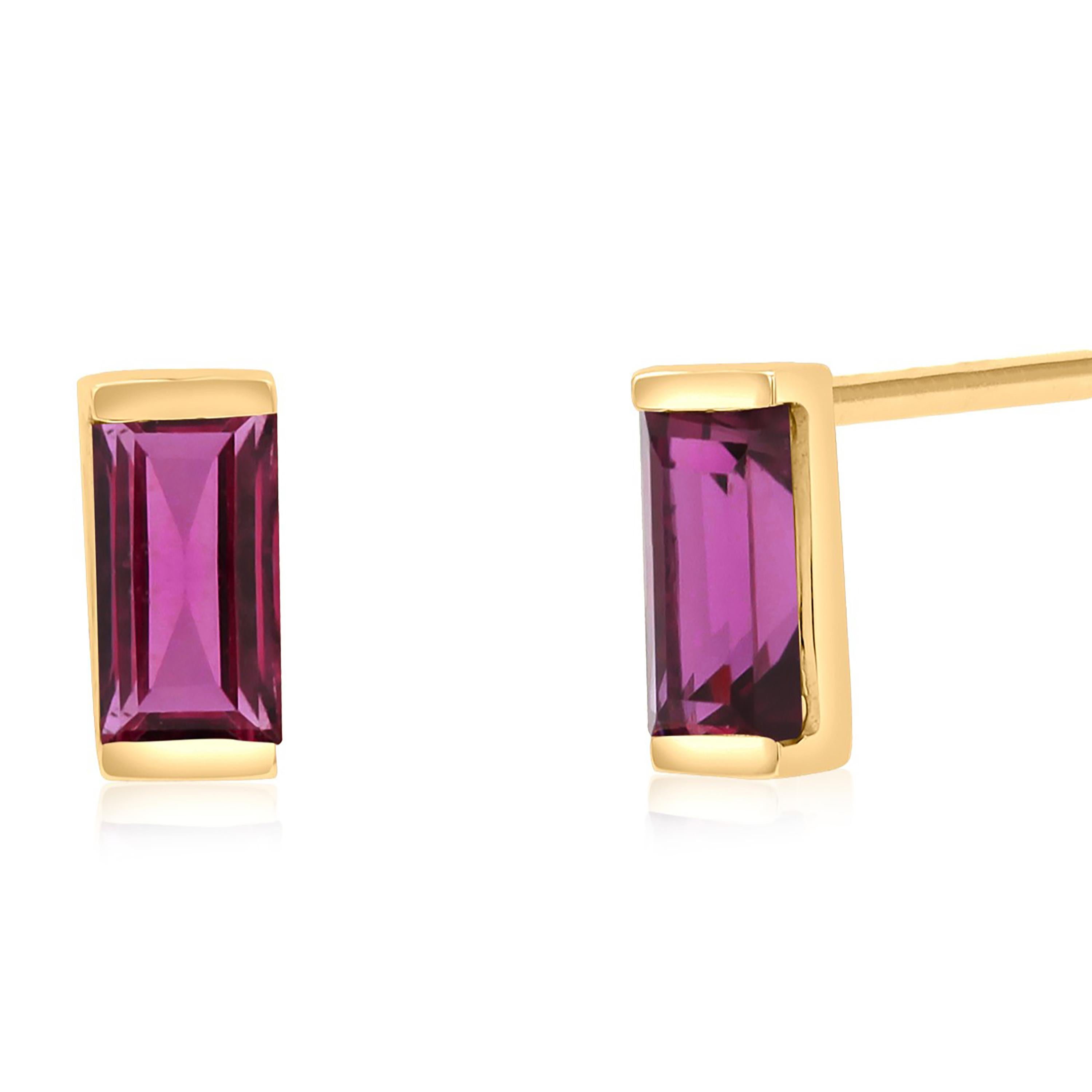 Women's or Men's Baguette Ruby 0.71 Carat 14 Karat Yellow Gold 0.24 Inch Long Stud Earrings For Sale