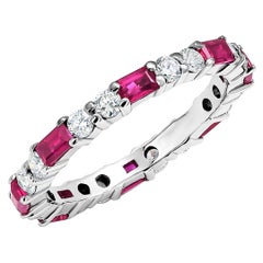 Baguette Ruby Alternating with Two Round Diamonds Gold Eternity Band