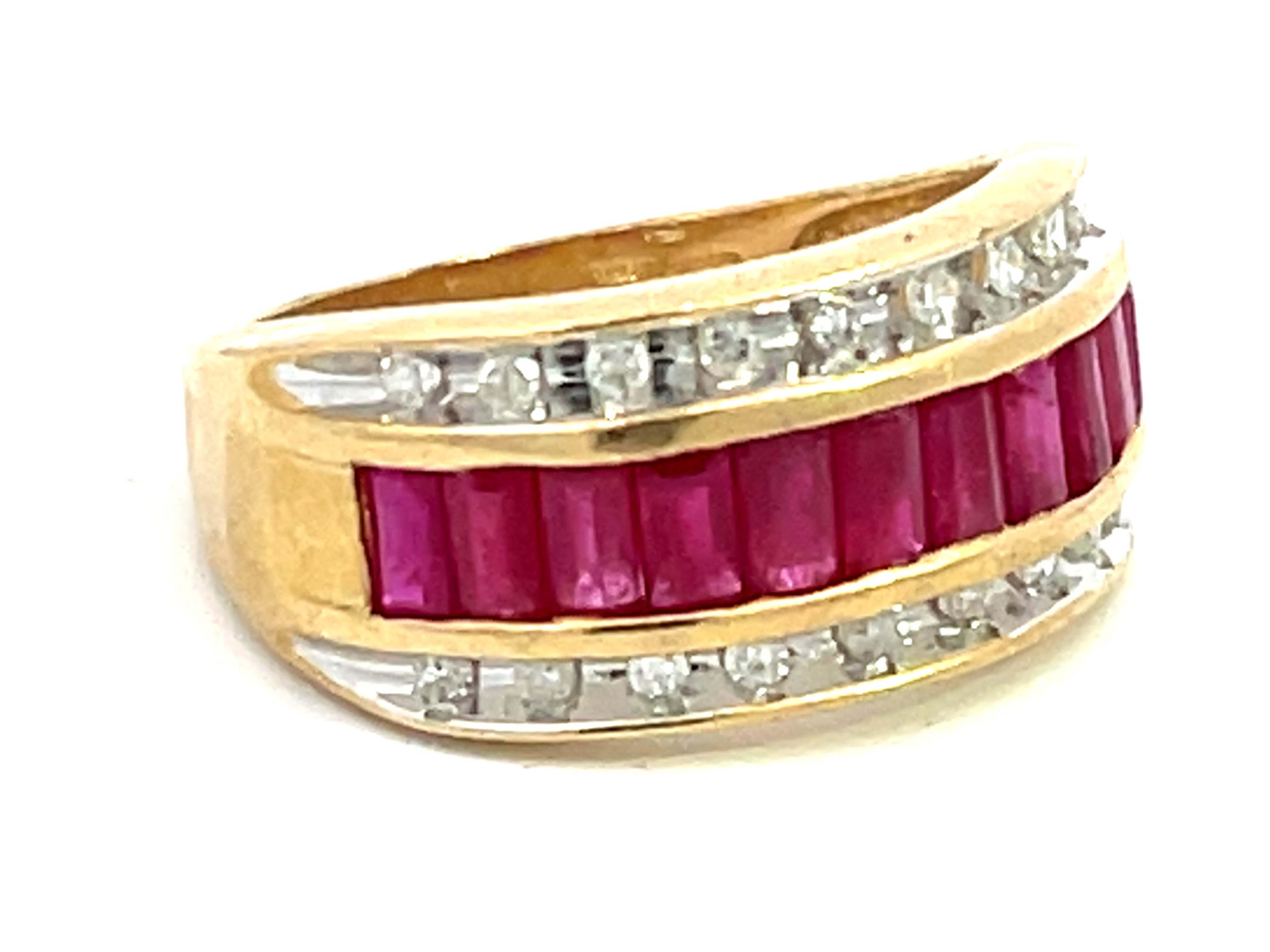 Modern Baguette Ruby and Diamond Border Triple Row Wide Band Ring in 14k Yellow Gold For Sale
