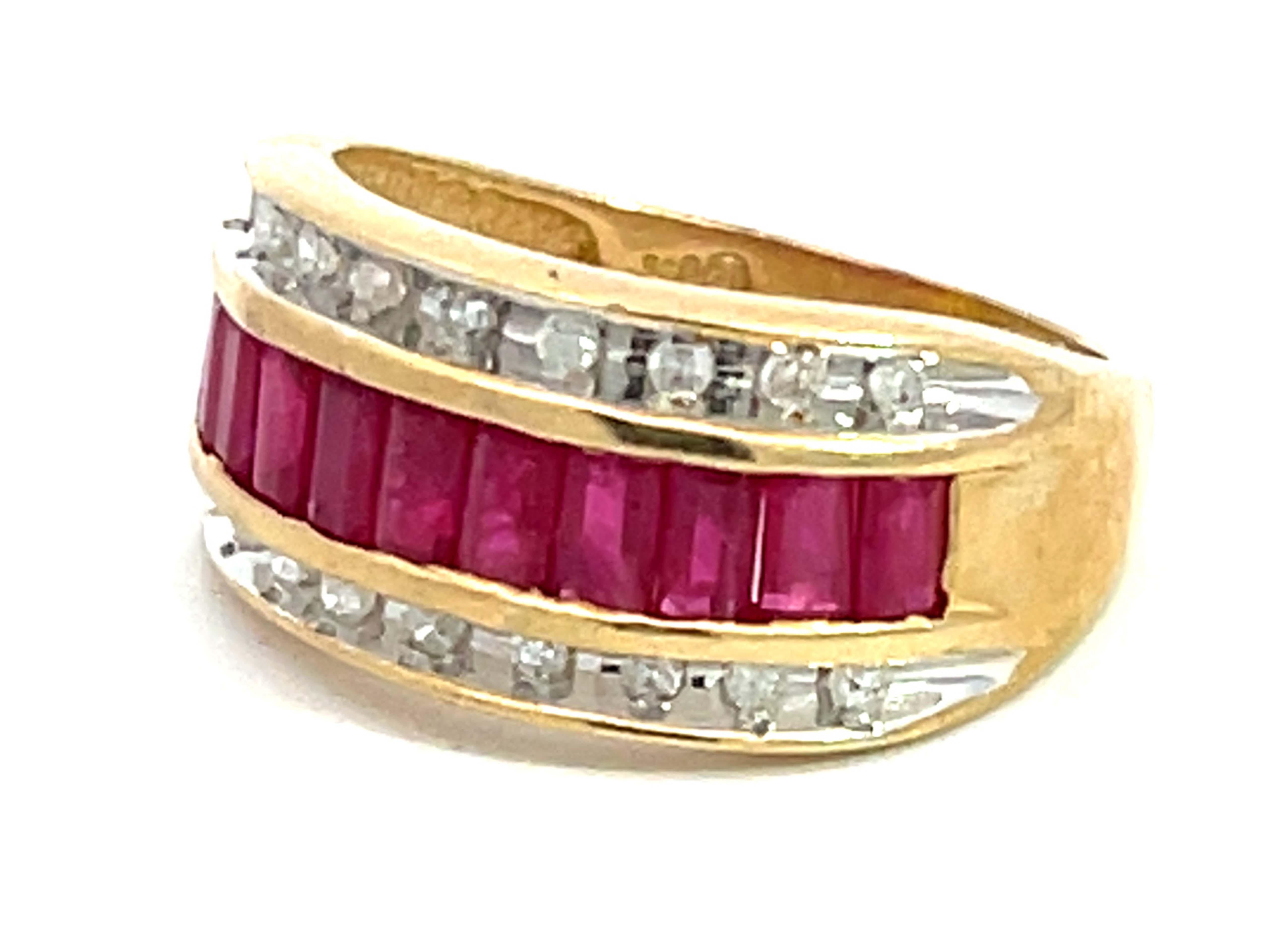 Oval Cut Baguette Ruby and Diamond Border Triple Row Wide Band Ring in 14k Yellow Gold For Sale