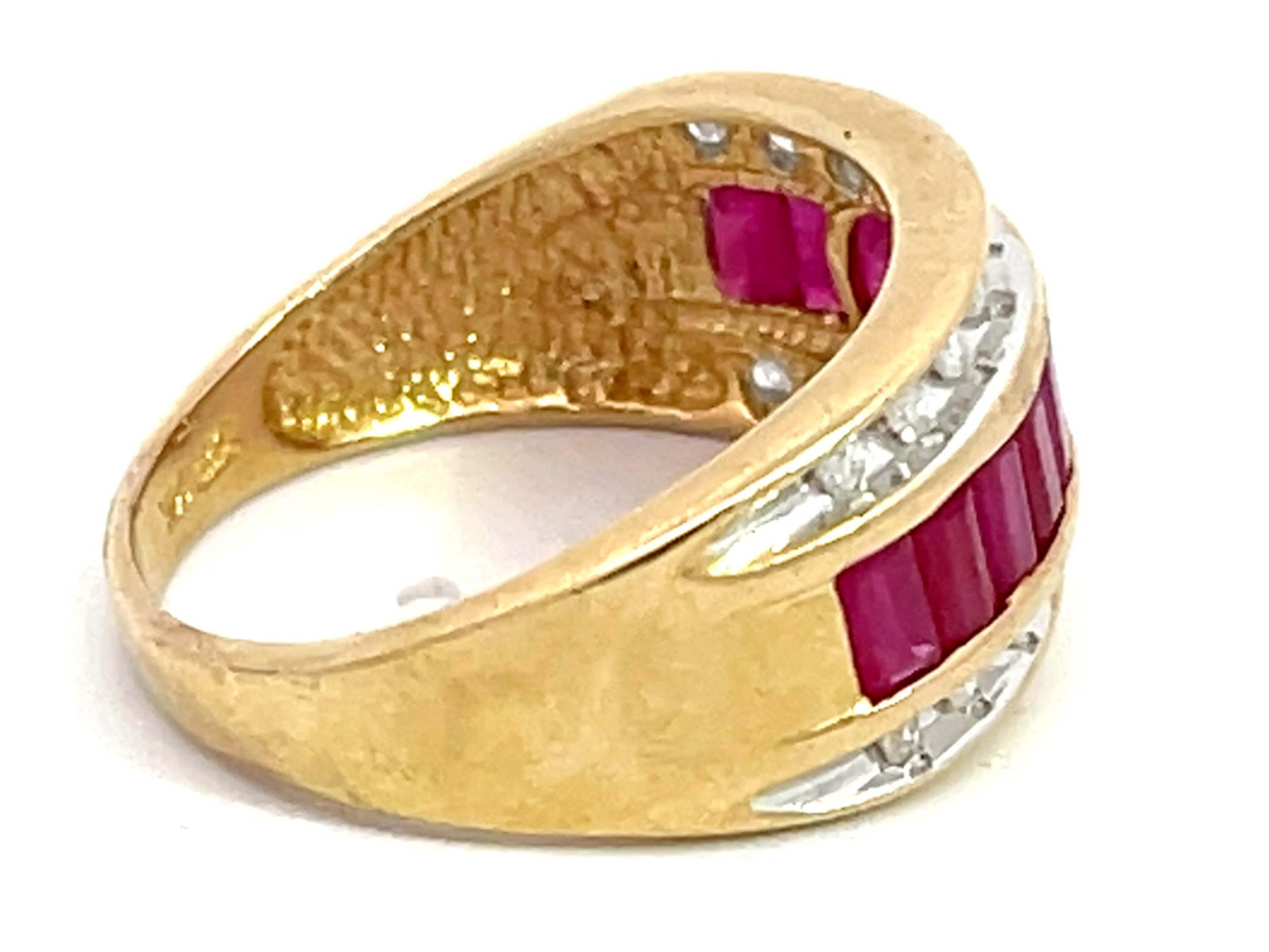 Baguette Ruby and Diamond Border Triple Row Wide Band Ring in 14k Yellow Gold In Excellent Condition For Sale In Honolulu, HI