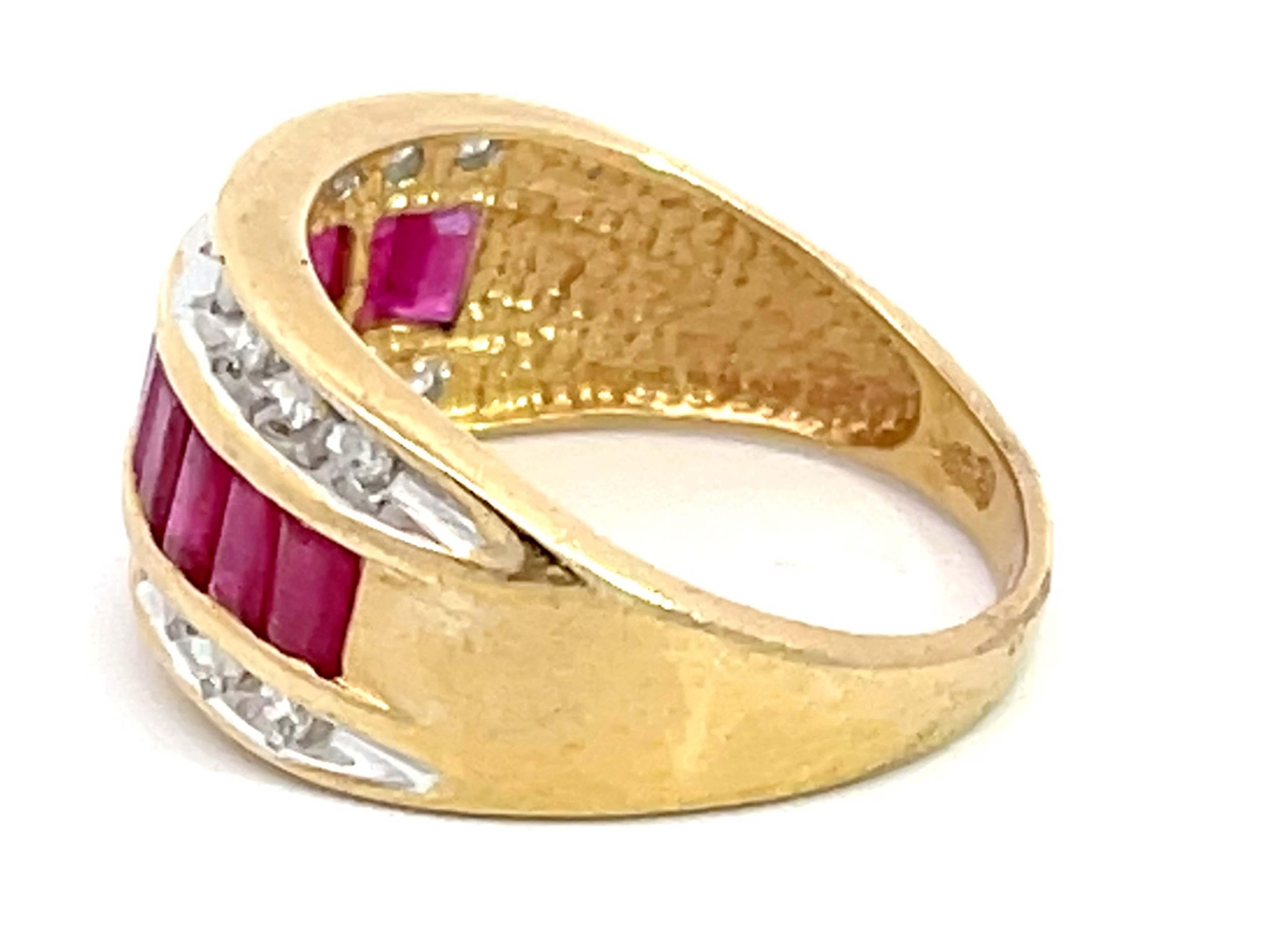 Women's Baguette Ruby and Diamond Border Triple Row Wide Band Ring in 14k Yellow Gold For Sale