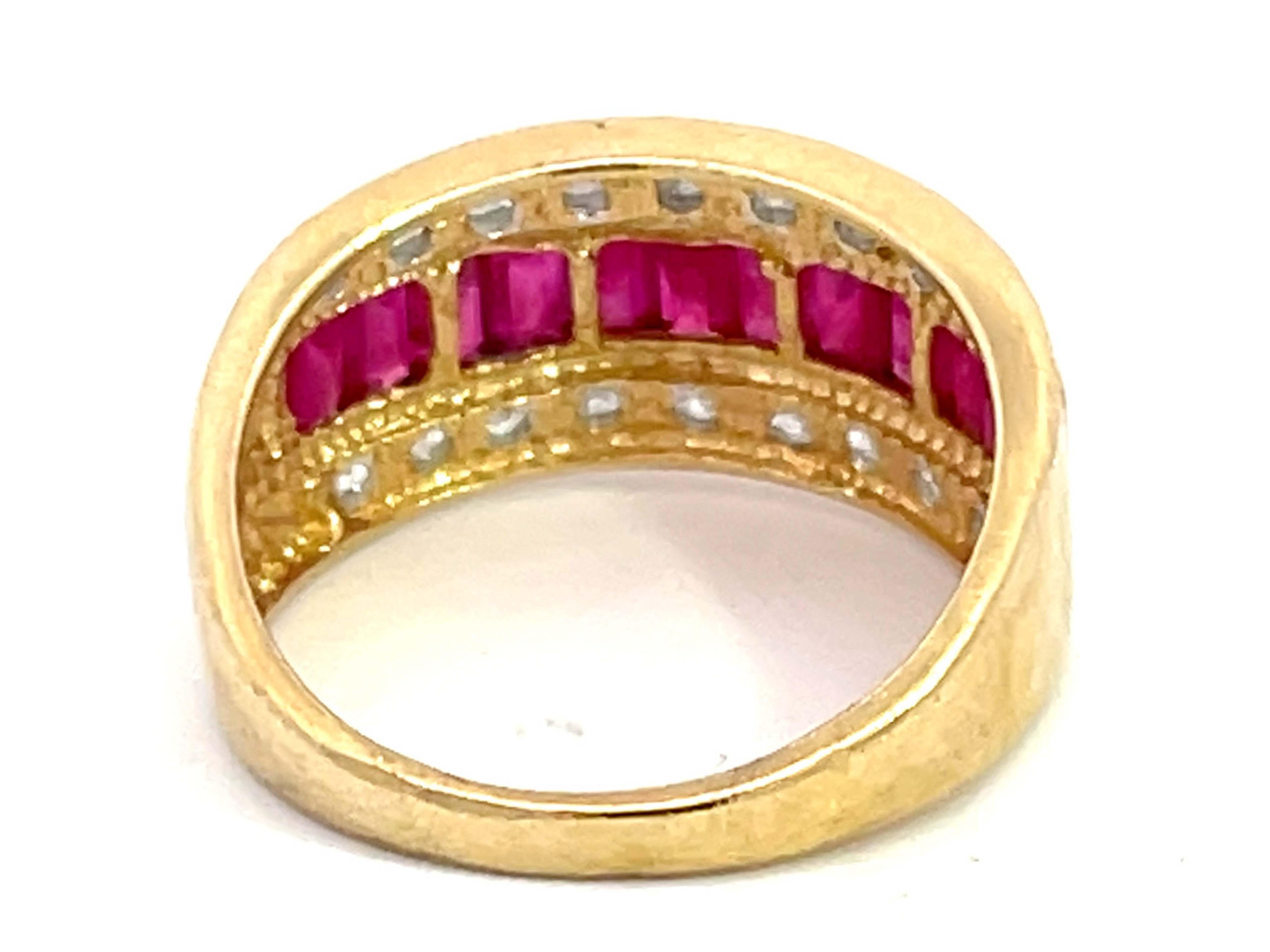 Baguette Ruby and Diamond Border Triple Row Wide Band Ring in 14k Yellow Gold For Sale 1