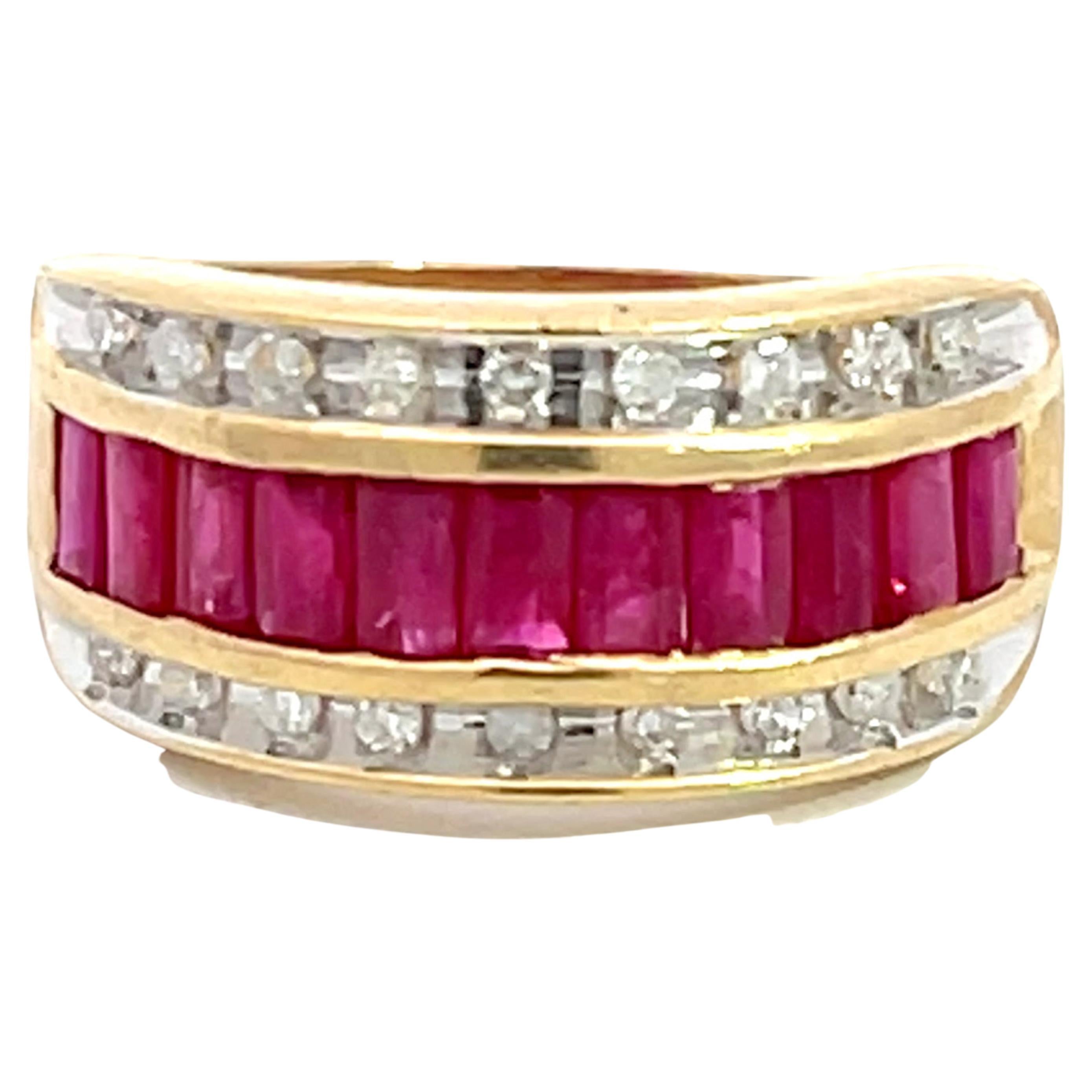 Baguette Ruby and Diamond Border Triple Row Wide Band Ring in 14k Yellow Gold For Sale