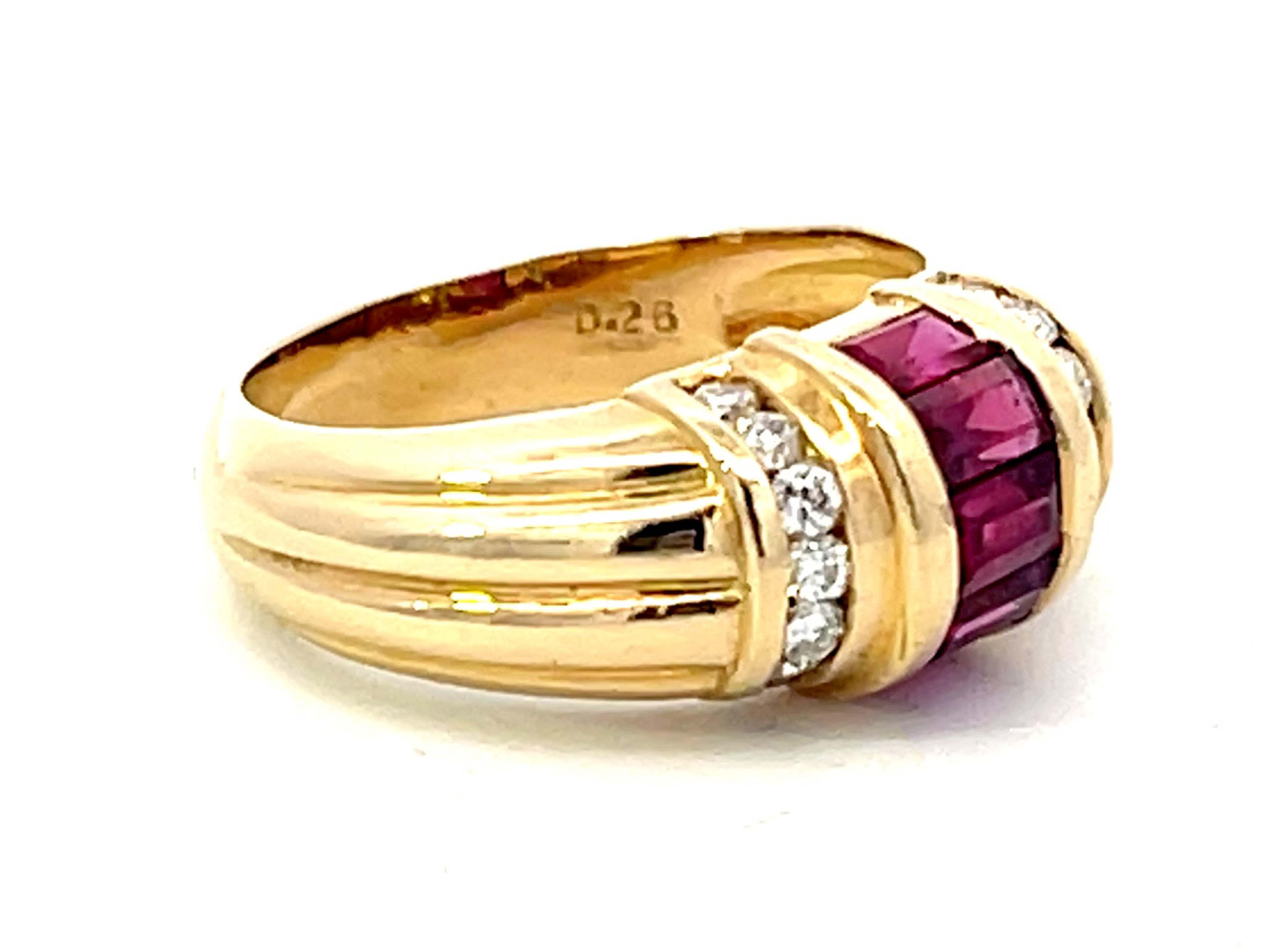 Modern Baguette Ruby and Diamond Dome Band Ring in 18k Yellow Gold For Sale