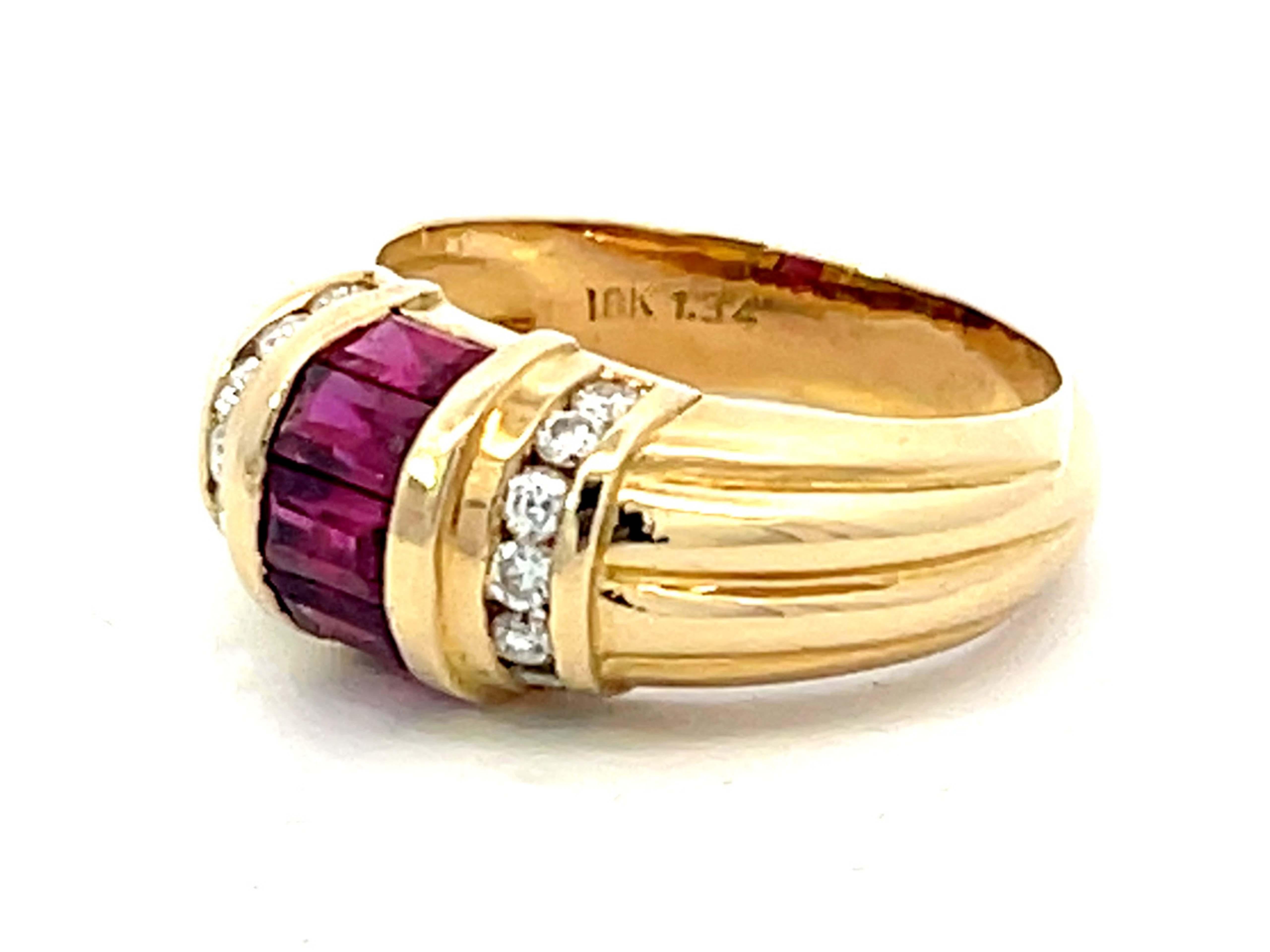 Baguette Cut Baguette Ruby and Diamond Dome Band Ring in 18k Yellow Gold For Sale