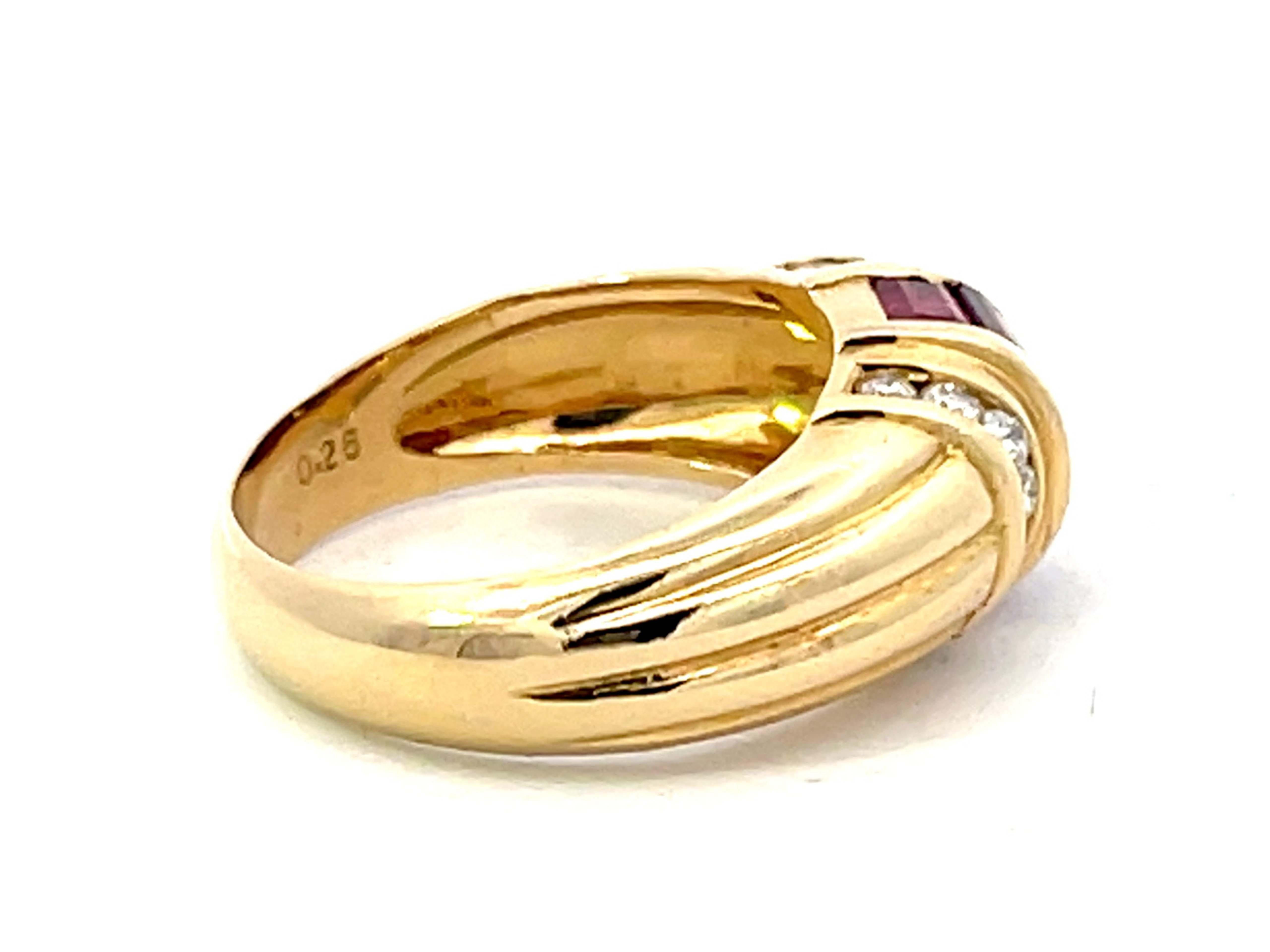 Baguette Ruby and Diamond Dome Band Ring in 18k Yellow Gold In Excellent Condition For Sale In Honolulu, HI