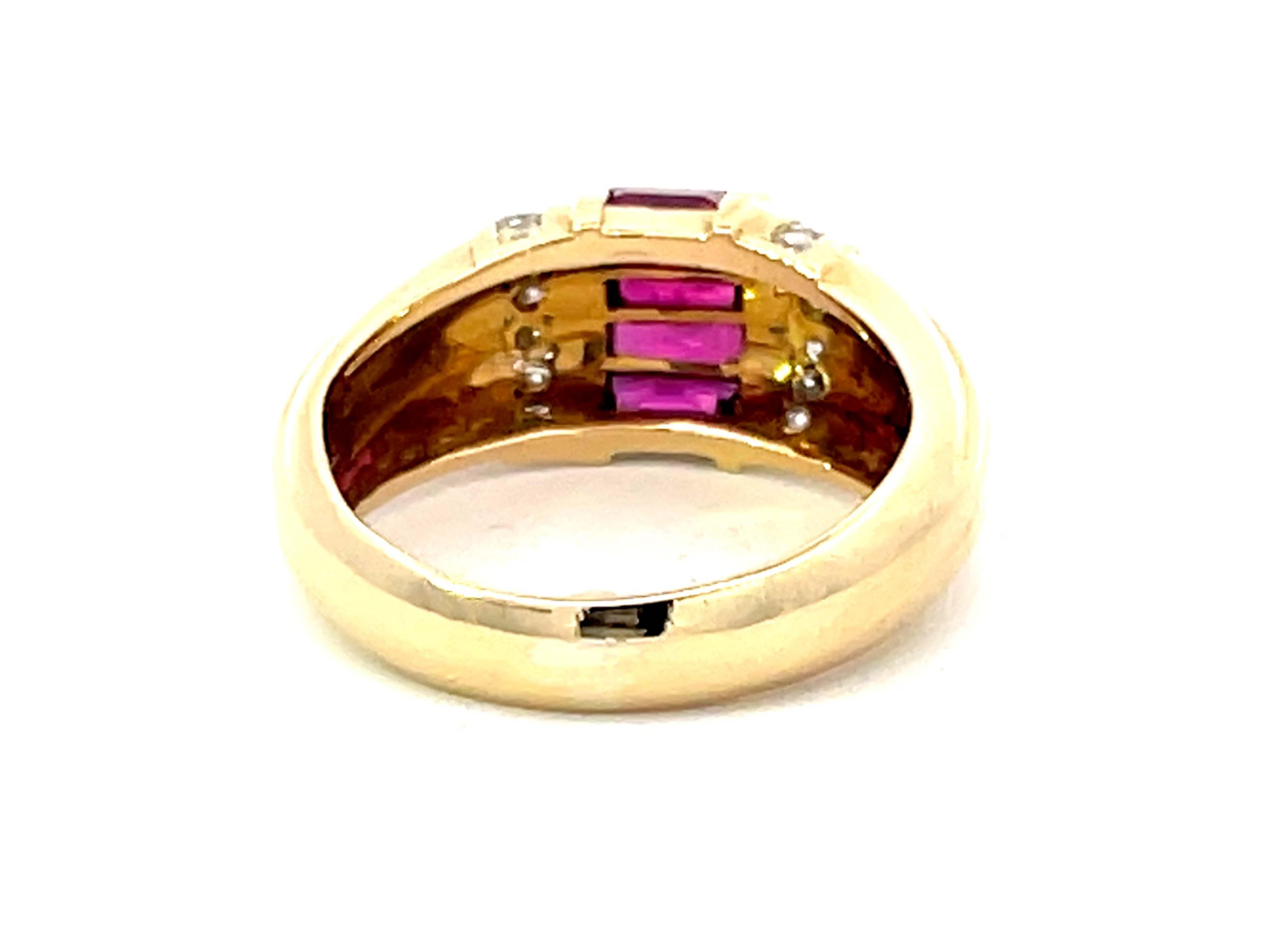 Baguette Ruby and Diamond Dome Band Ring in 18k Yellow Gold For Sale 1