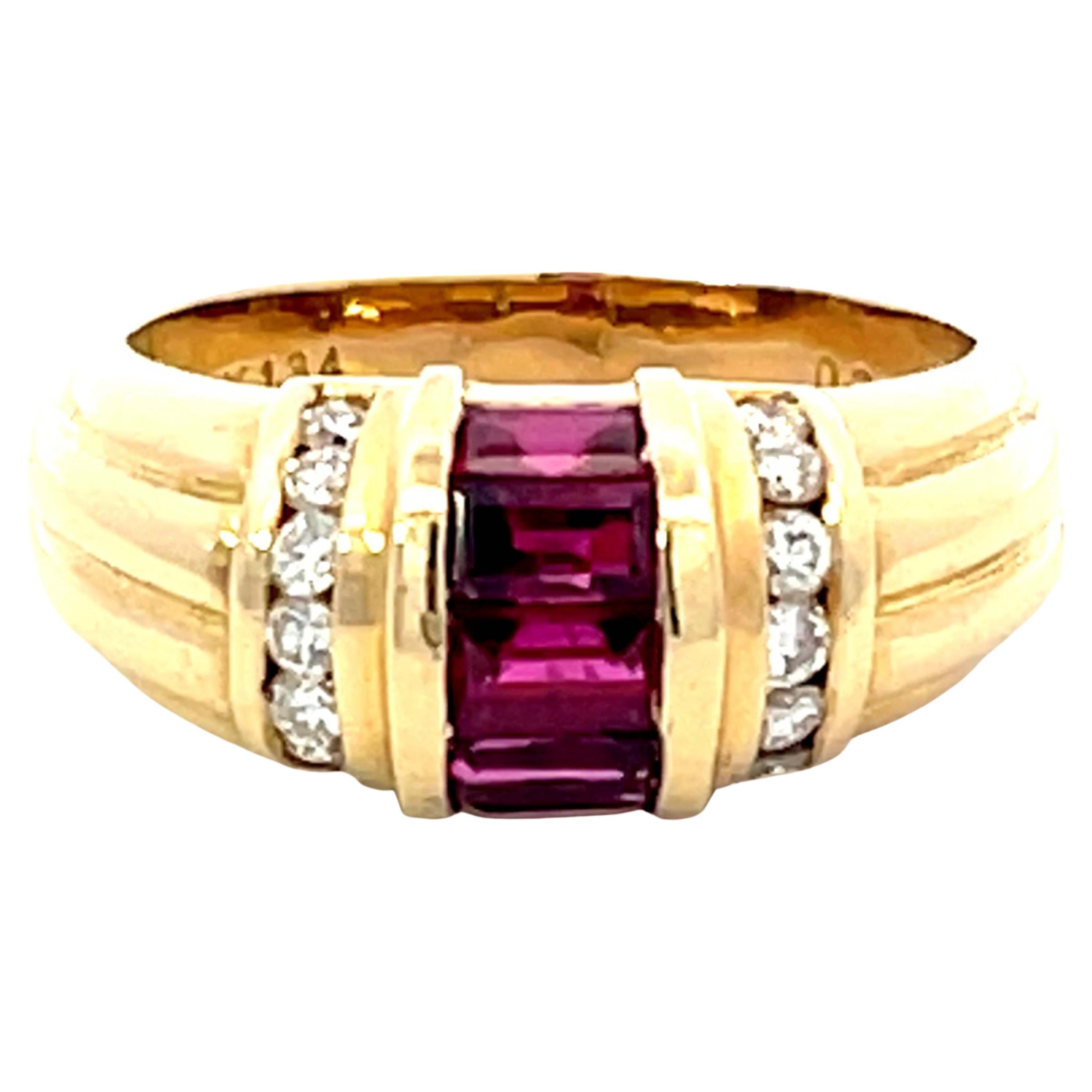 Baguette Ruby and Diamond Dome Band Ring in 18k Yellow Gold For Sale