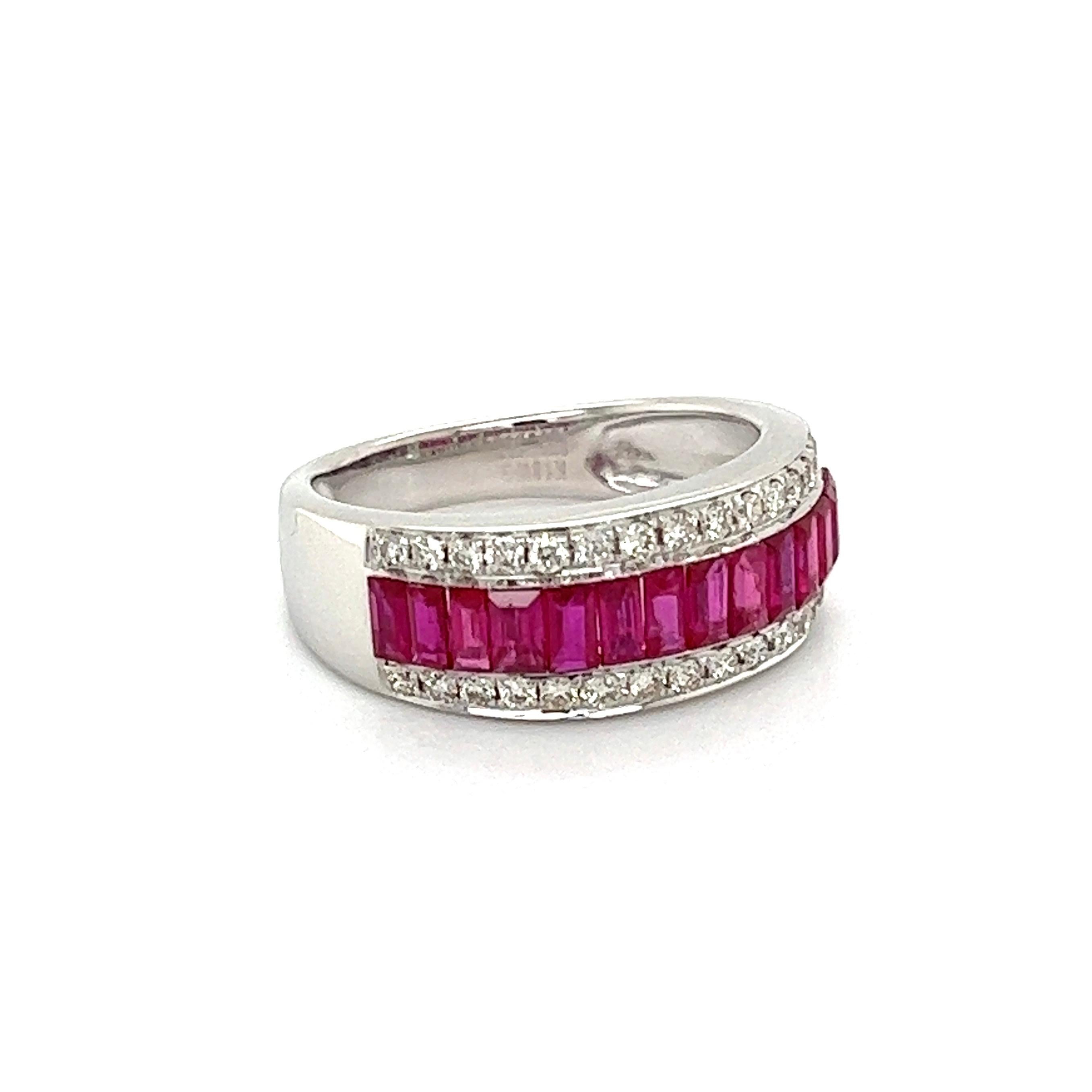 Simply Beautiful! Platinum Cocktail Band Ring. Securely Hand set with high-quality Baguette Rubies, weighing approx. 1.50tcw and Diamonds weighing approx. 0.35tcw. Hand crafted in 18K White Gold. Measuring approx. 0.75” w x 0.39” h x 0.82” d. Ring