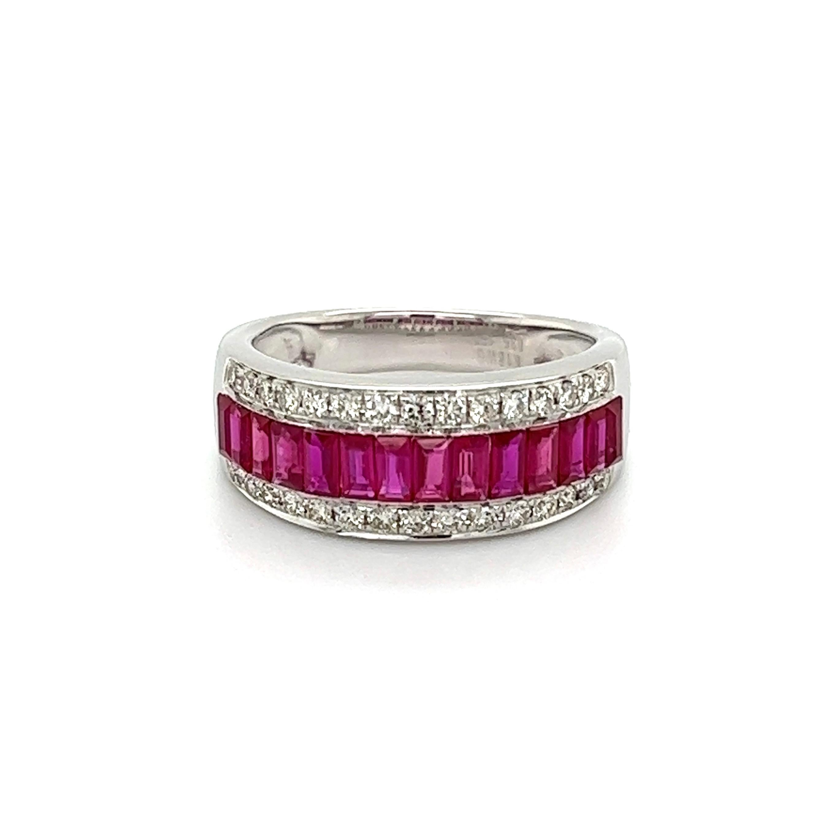 Modern Baguette Ruby and Diamond Gold Band Cocktail Ring Estate Fine Jewelry For Sale