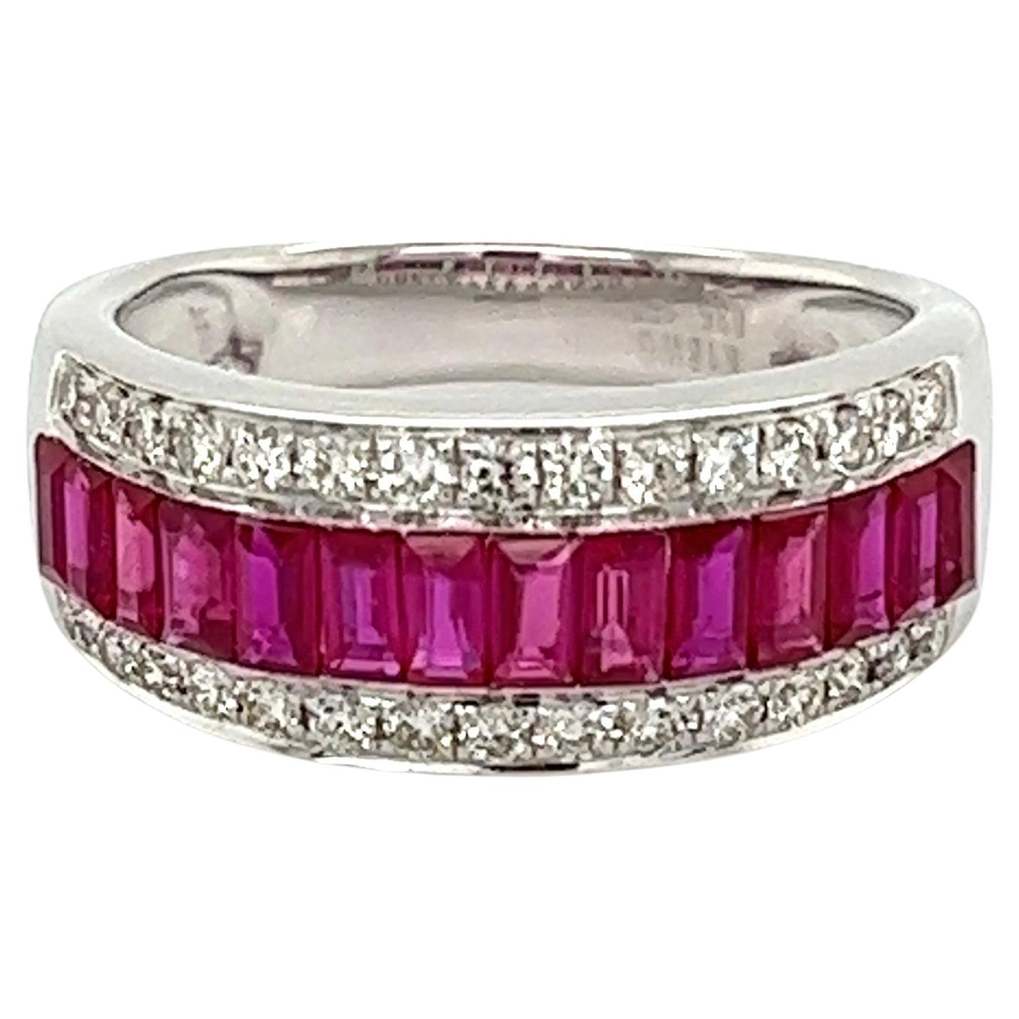 Baguette Ruby and Diamond Gold Band Cocktail Ring Estate Fine Jewelry For Sale