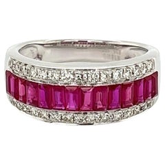 Baguette Ruby and Diamond Gold Band Cocktail Ring Estate Fine Jewelry