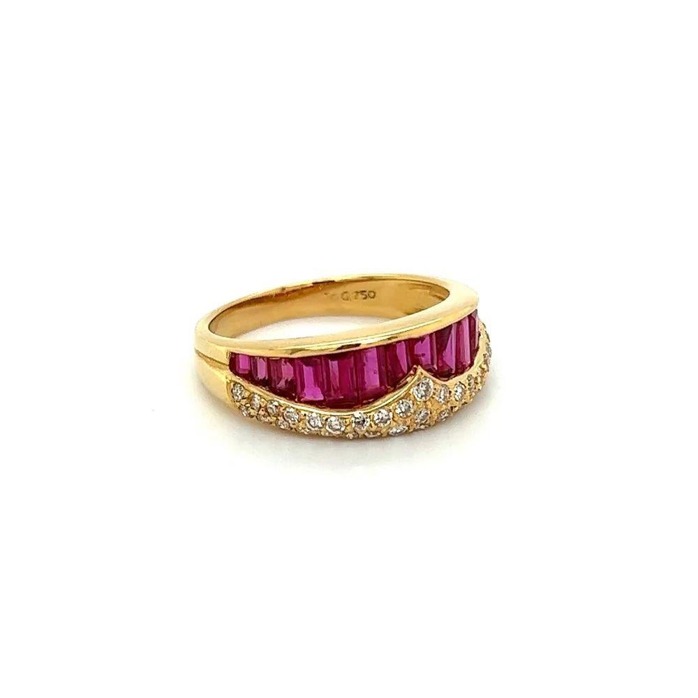 Simply Beautiful! Gold Cocktail Band Ring. Securely Hand set with high-quality Baguette Rubies, weighing approx. 1.53tcw and Diamonds weighing approx. 0.37tcw. Hand crafted in 18K yellow Gold. Measuring approx. 0.85” l x 0.81” w x 0.29” h. Ring size