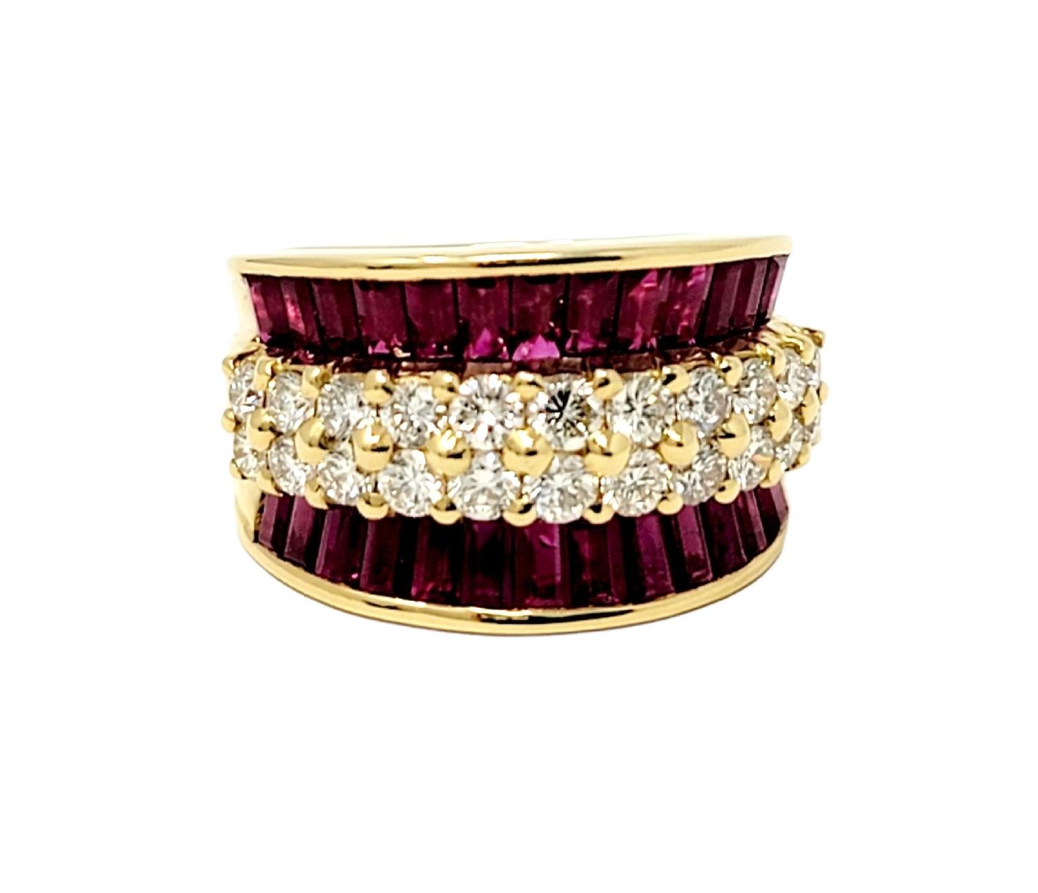 Baguette Ruby and Round Diamond Band Ring 18 Karat Yellow Gold 2.60 Carats Total For Sale 6