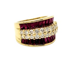 Baguette Ruby and Round Diamond Multi Row Band Ring 18 Karat Yellow Gold