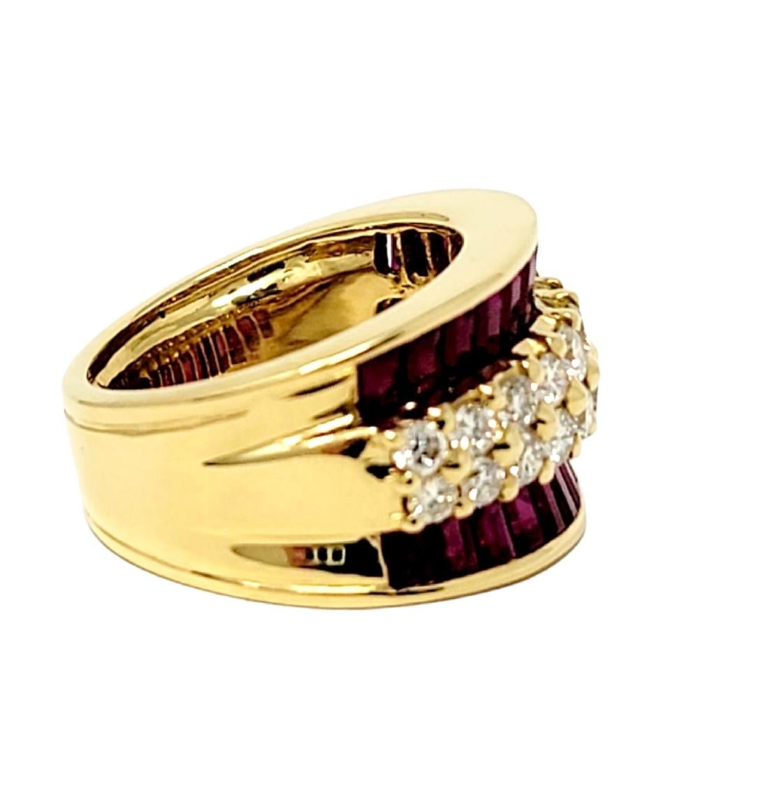 Contemporary Baguette Ruby and Round Diamond Band Ring 18 Karat Yellow Gold 2.60 Carats Total For Sale