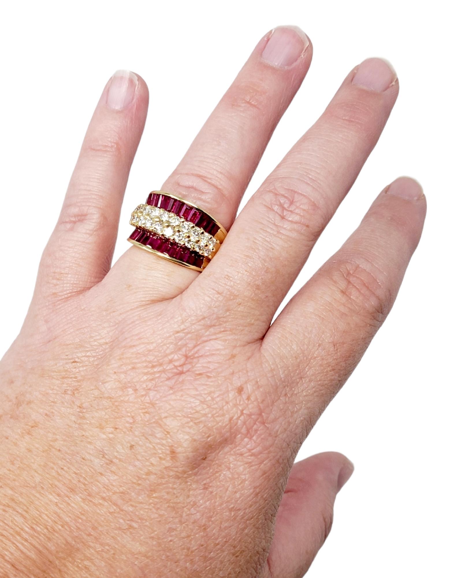 Women's Baguette Ruby and Round Diamond Band Ring 18 Karat Yellow Gold 2.60 Carats Total For Sale