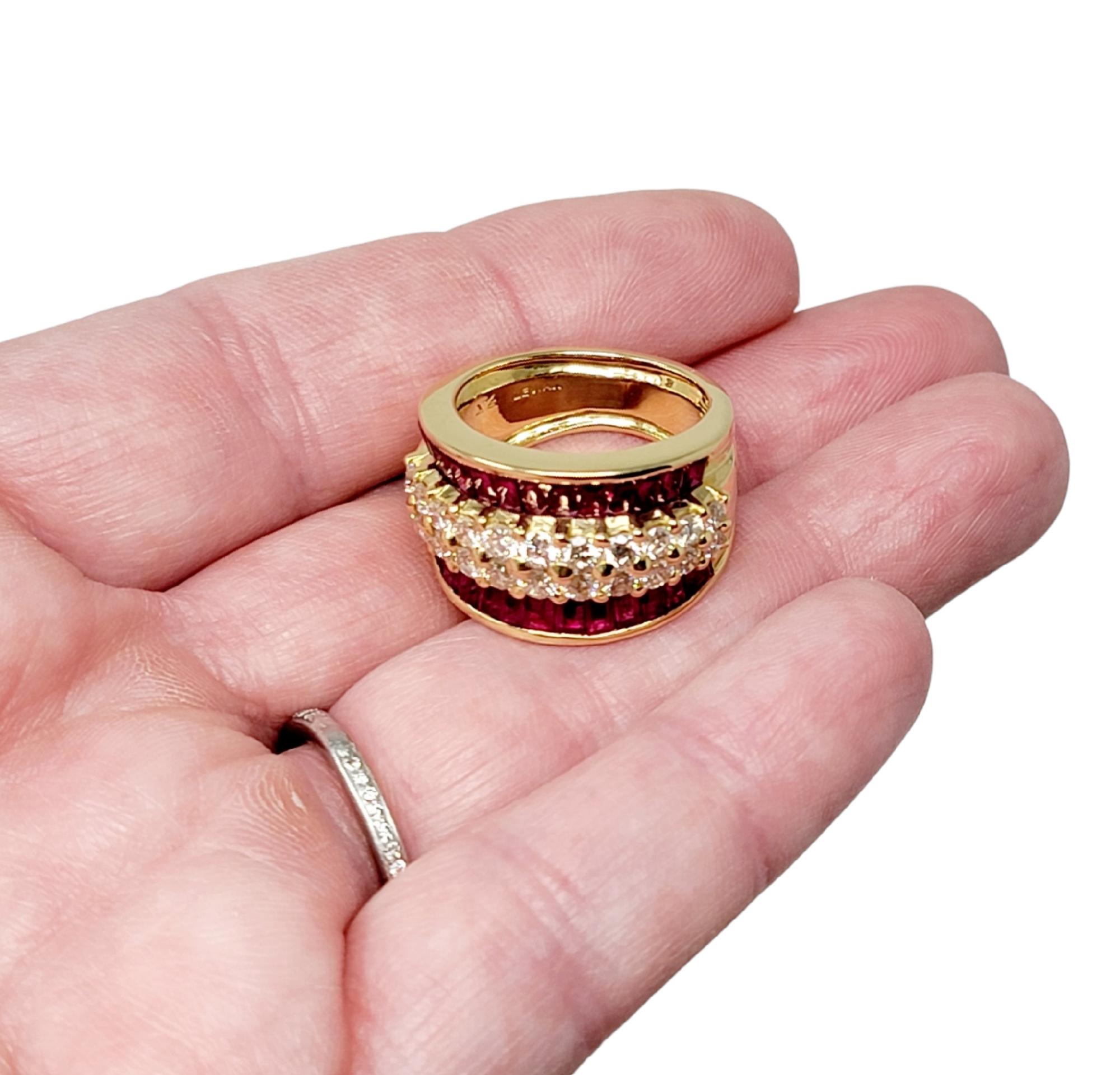 Baguette Ruby and Round Diamond Band Ring 18 Karat Yellow Gold 2.60 Carats Total For Sale 1