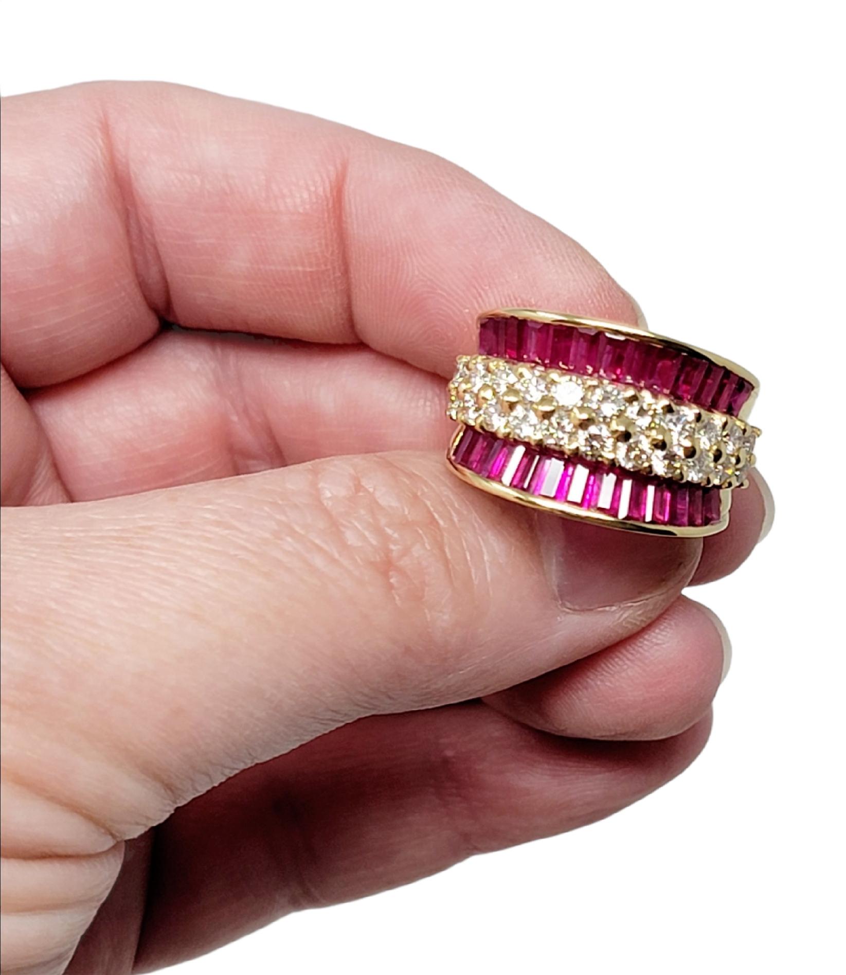 Baguette Ruby and Round Diamond Band Ring 18 Karat Yellow Gold 2.60 Carats Total For Sale 2