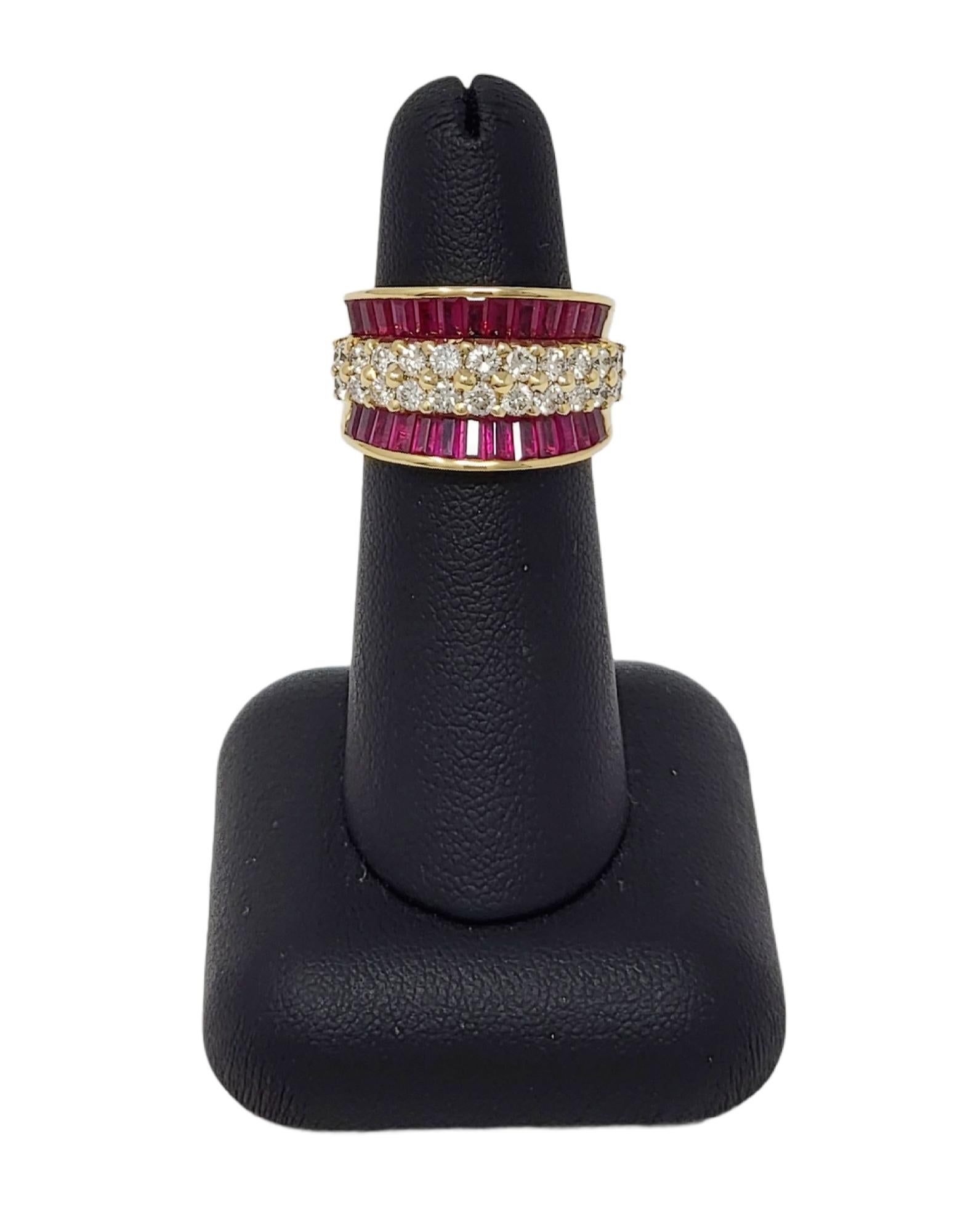 Baguette Ruby and Round Diamond Band Ring 18 Karat Yellow Gold 2.60 Carats Total For Sale 3