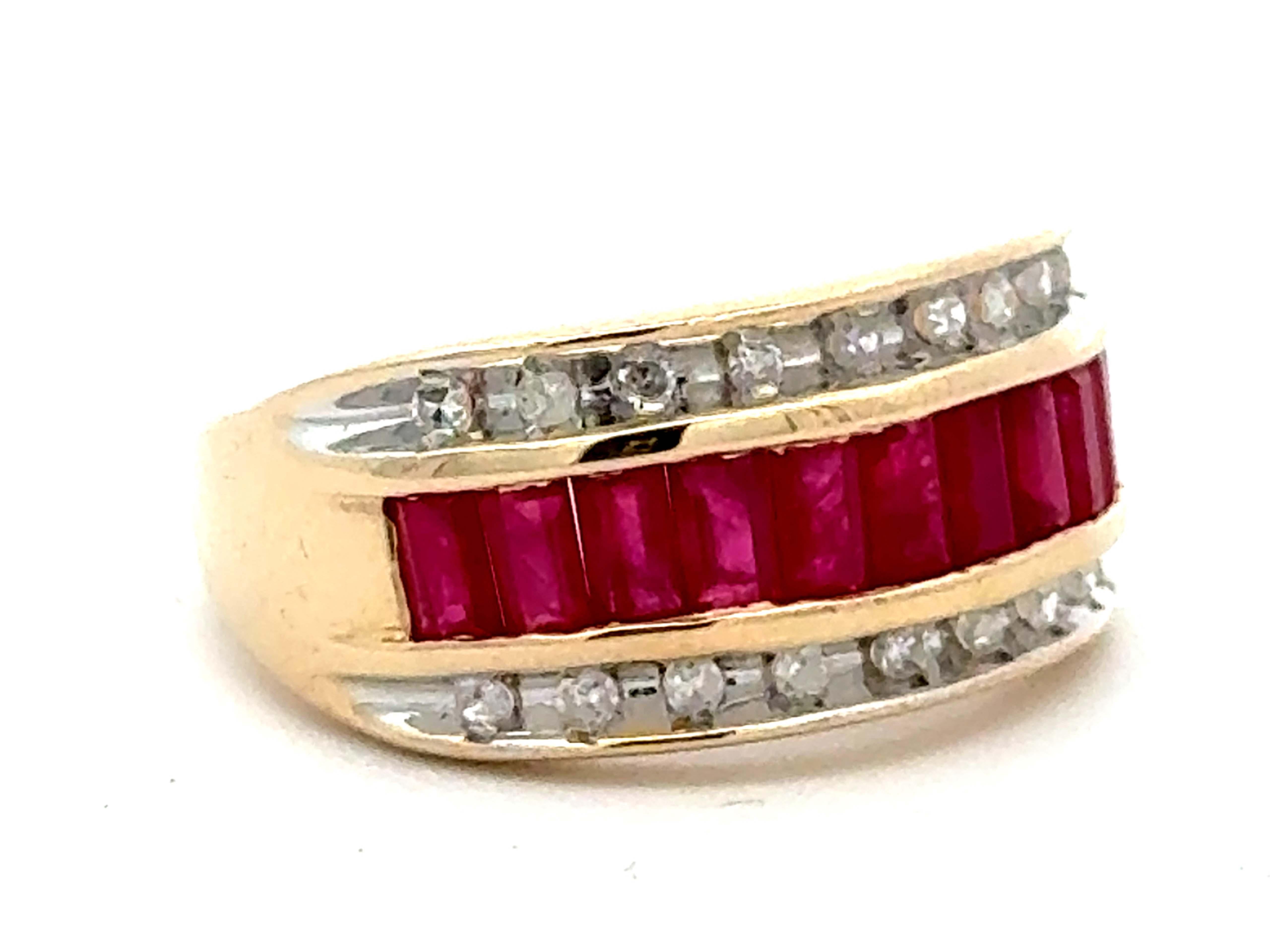 Modern Baguette Ruby Center and Double Diamond Row Ring 14k Yellow Gold For Sale
