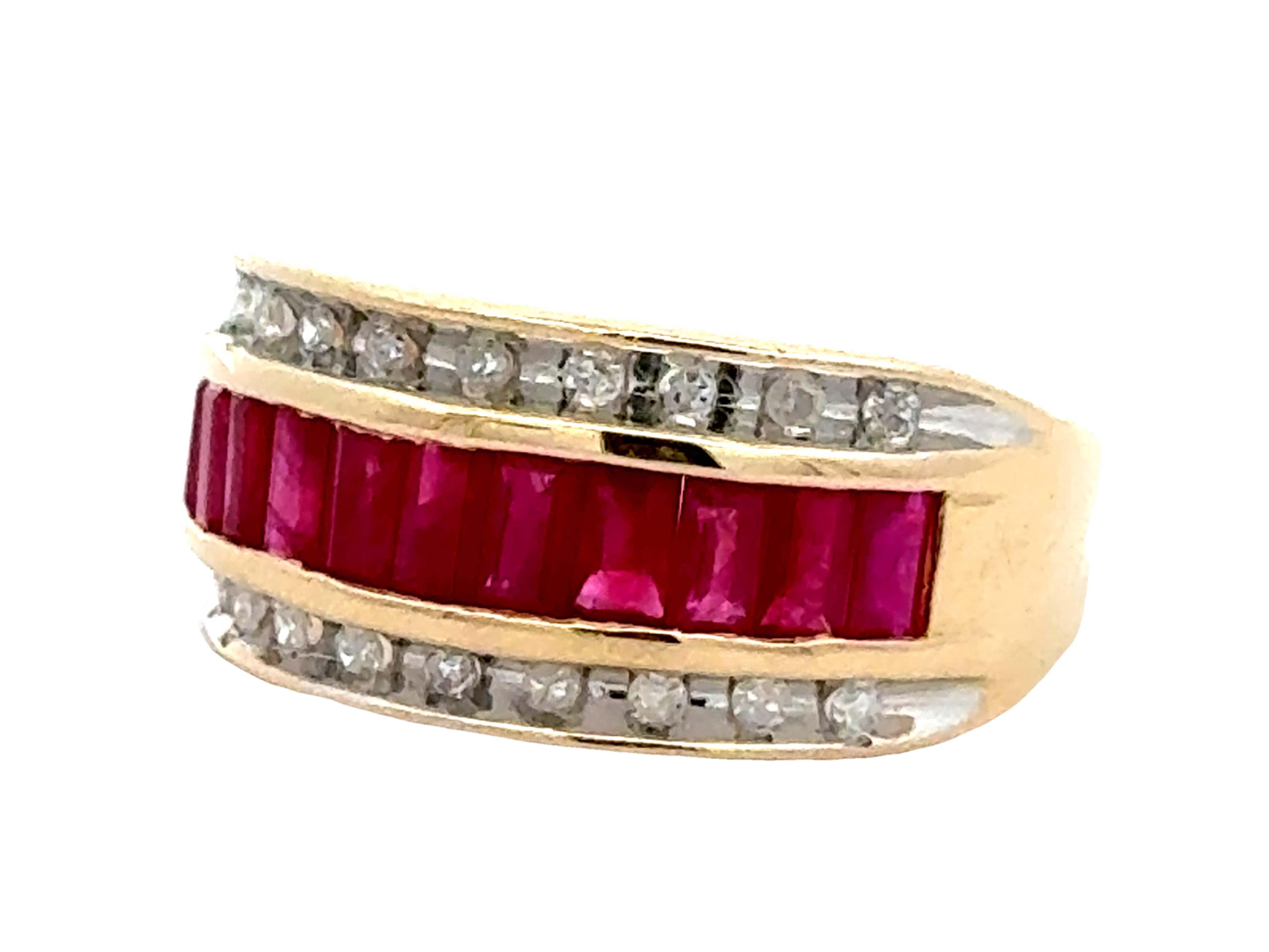 Baguette Cut Baguette Ruby Center and Double Diamond Row Ring 14k Yellow Gold For Sale