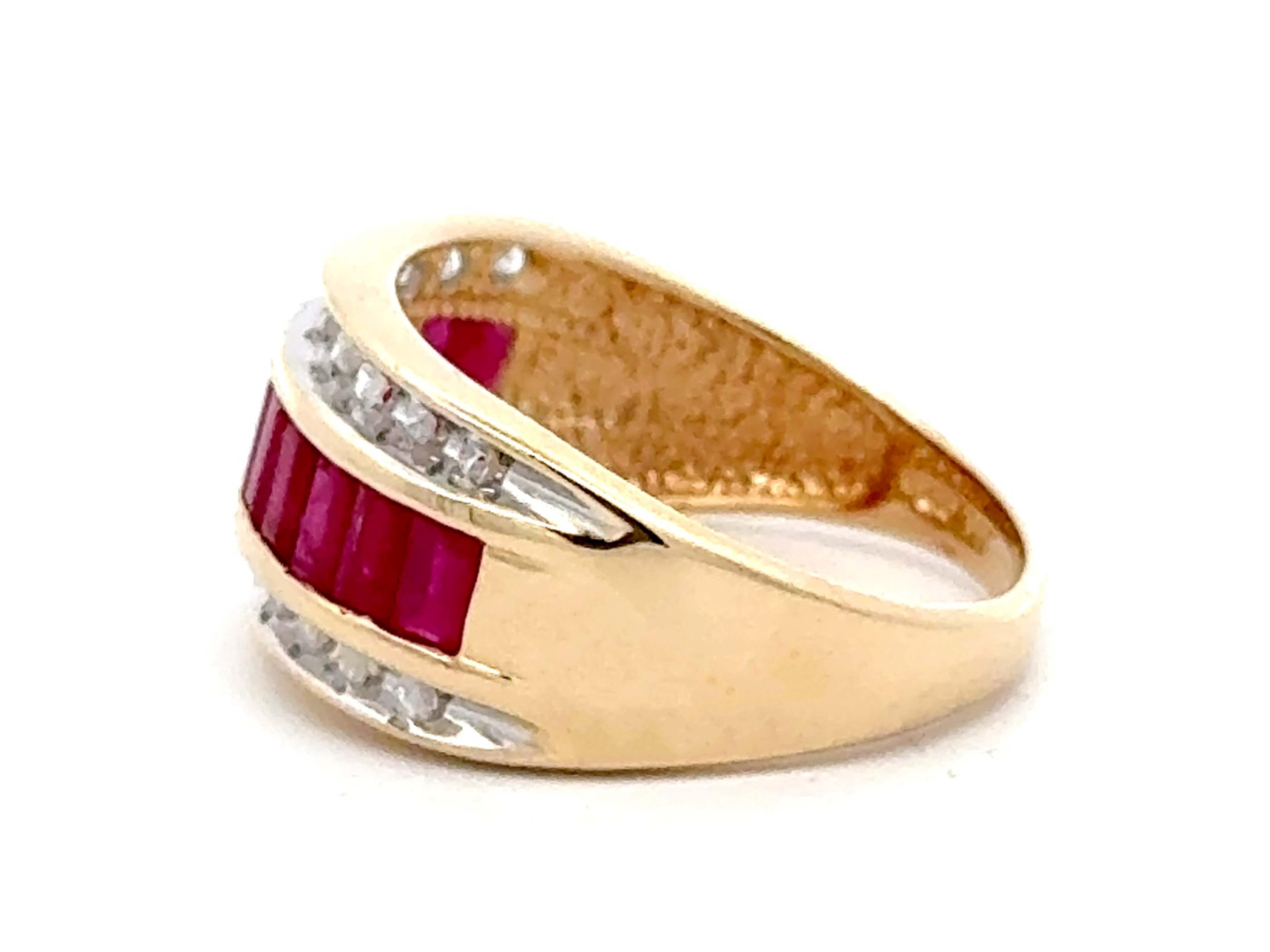 Women's or Men's Baguette Ruby Center and Double Diamond Row Ring 14k Yellow Gold For Sale