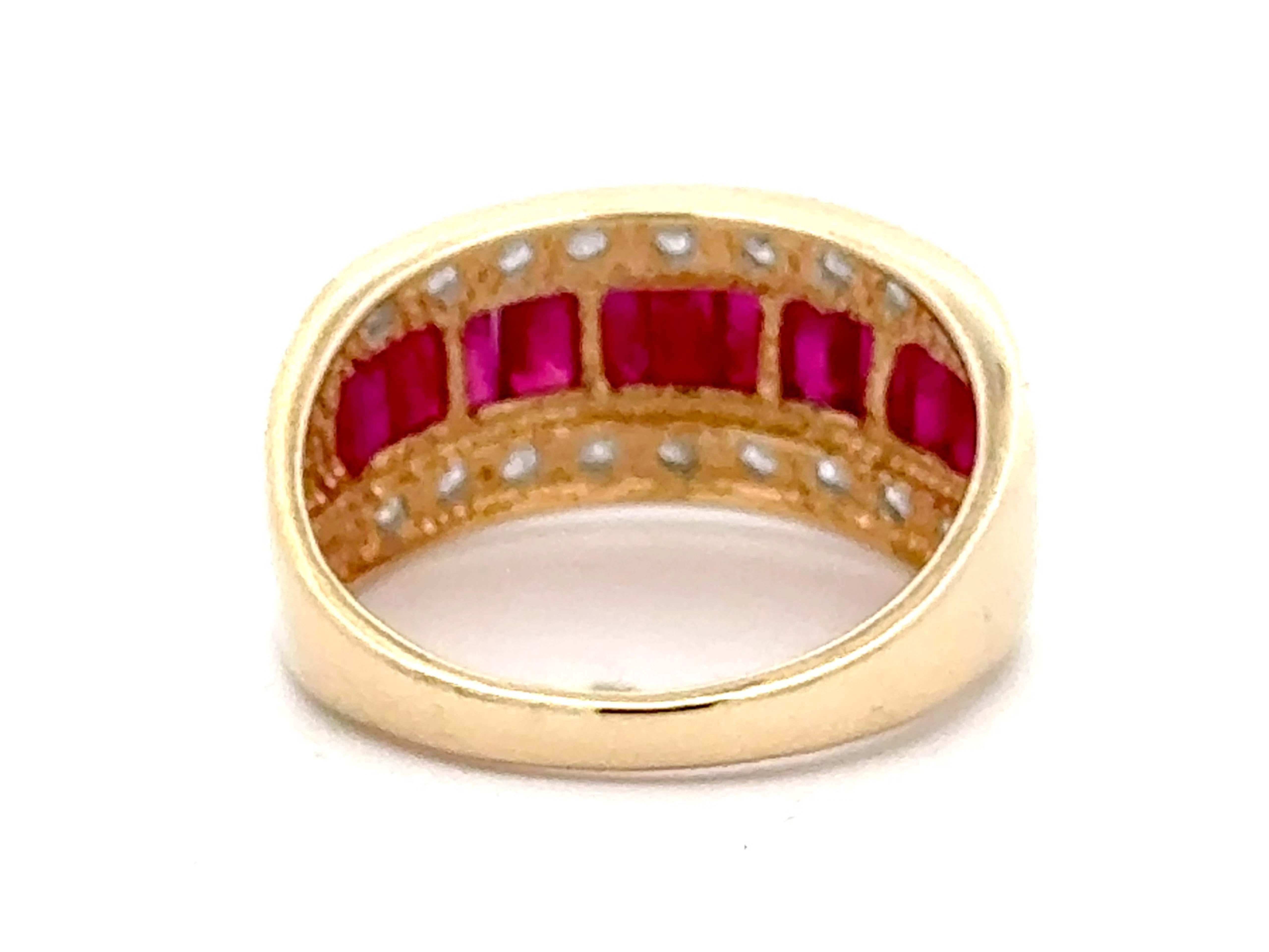 Baguette Ruby Center and Double Diamond Row Ring 14k Yellow Gold For Sale 1