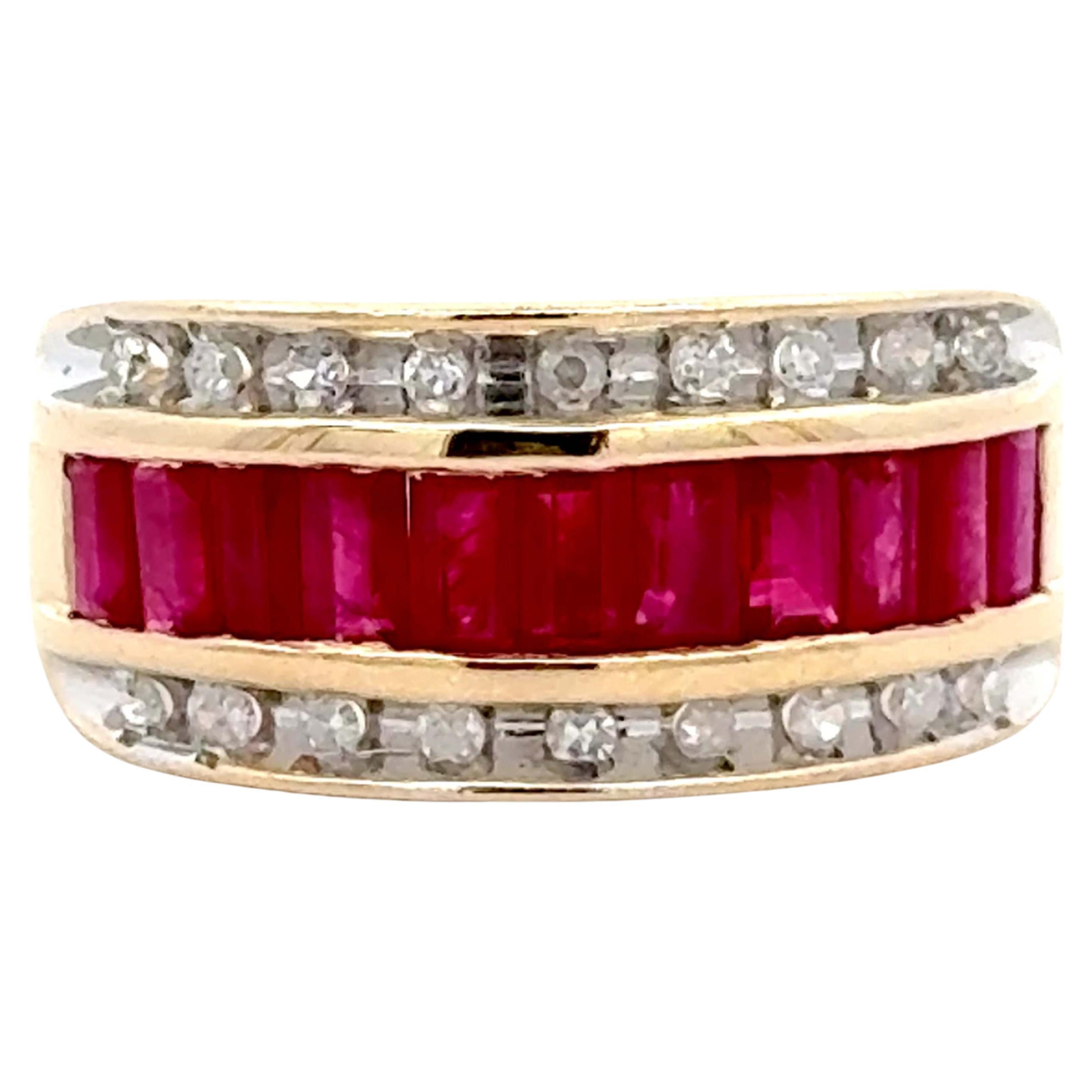 Baguette Ruby Center and Double Diamond Row Ring 14k Yellow Gold For Sale