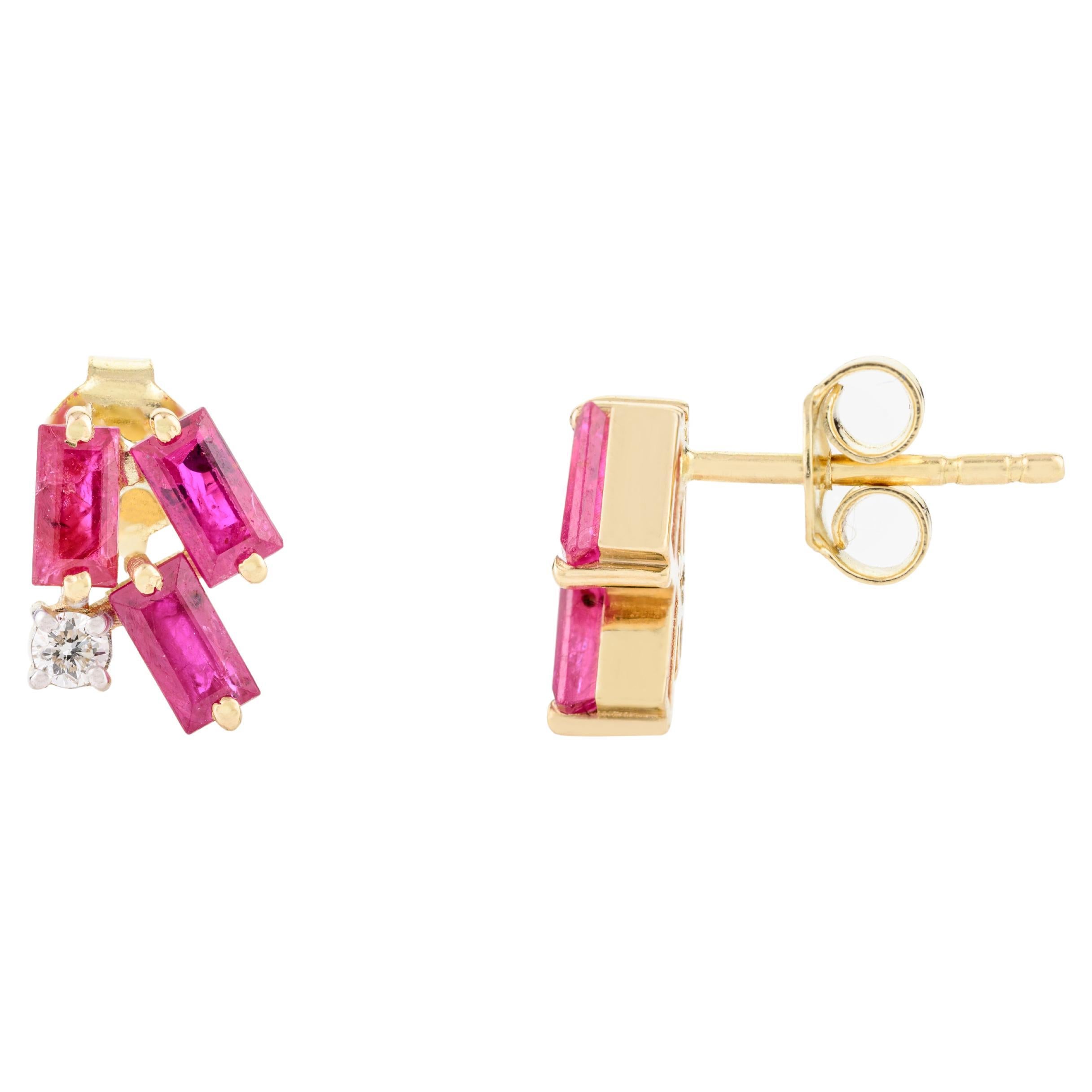 Baguette Ruby Cluster Stud Earrings with Diamond in 18k Solid Yellow Gold