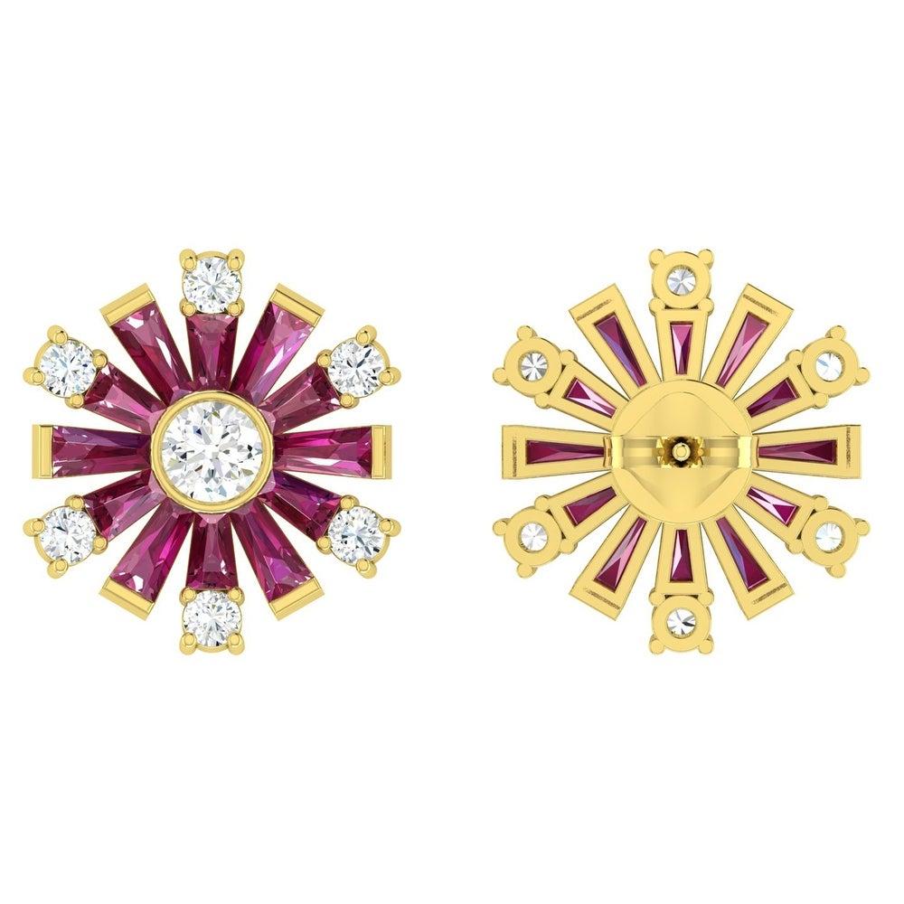 Cast from 18-karat gold, these studs earrings are hand set with 1.9 carats baguette ruby & .66 carats of sparkling diamond. Also available in emerald.

FOLLOW MEGHNA JEWELS storefront to view the latest collection & exclusive pieces. 
Meghna Jewels