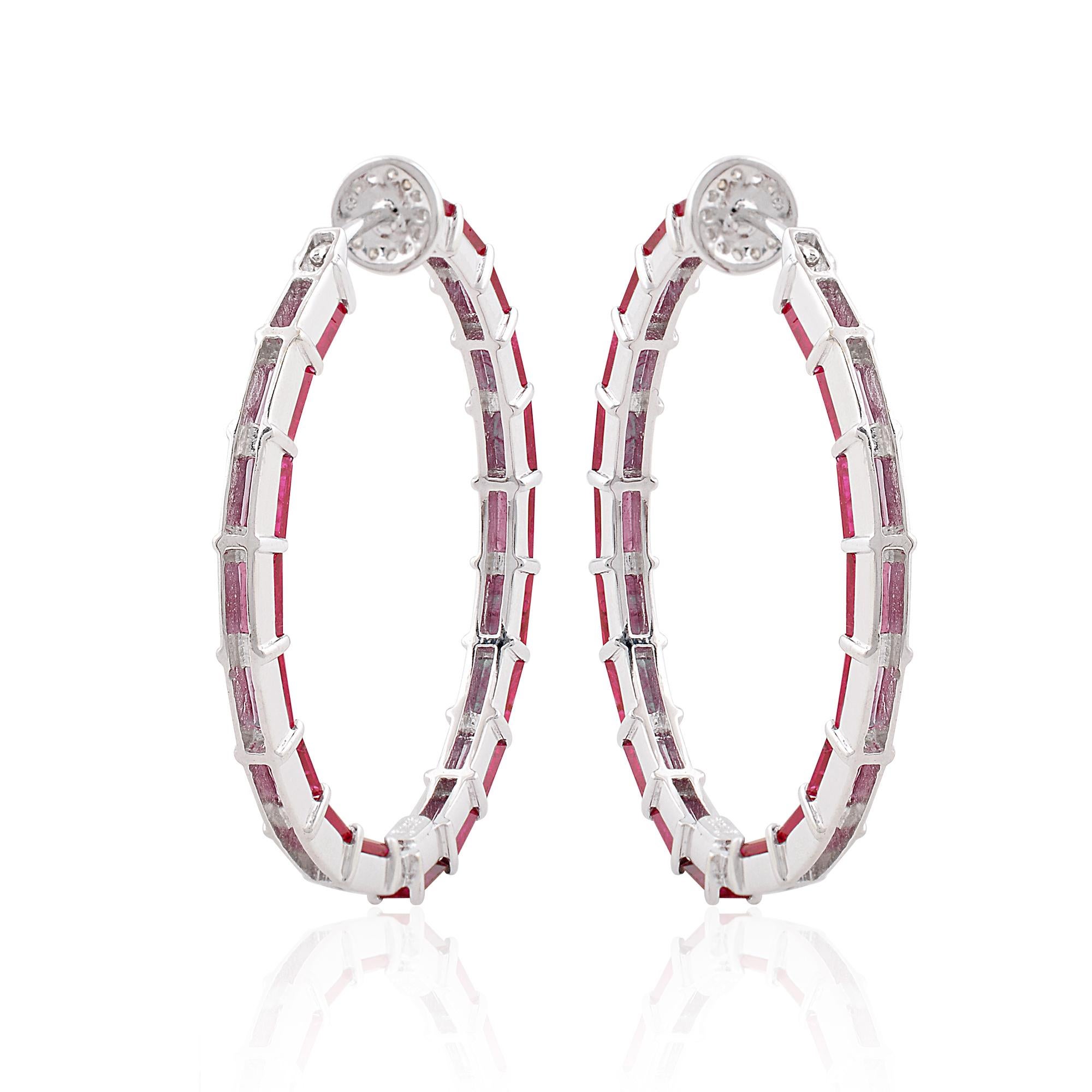 Women's Baguette Ruby Gemstone Hoop Earrings Solid 18k White Gold Diamond Fine Jewelry For Sale