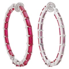 Baguette Ruby Gemstone Hoop Earrings Solid 18k White Gold Diamond Fine Jewelry
