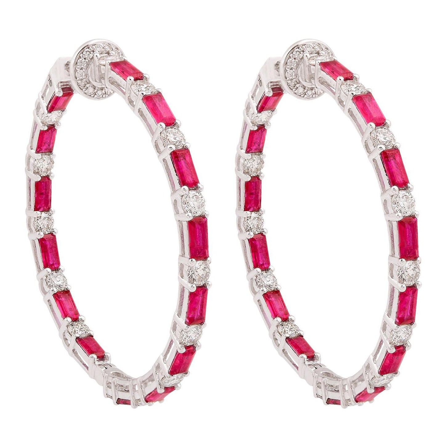 Baguette-Rubin-Creolen aus massivem 14 Karat Weißgold, handgefertigter feiner Schmuck im Angebot