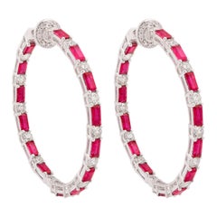 Boucles d'oreilles Baguette Rubis en or blanc massif 14 carats faites à la main Bijoux fins