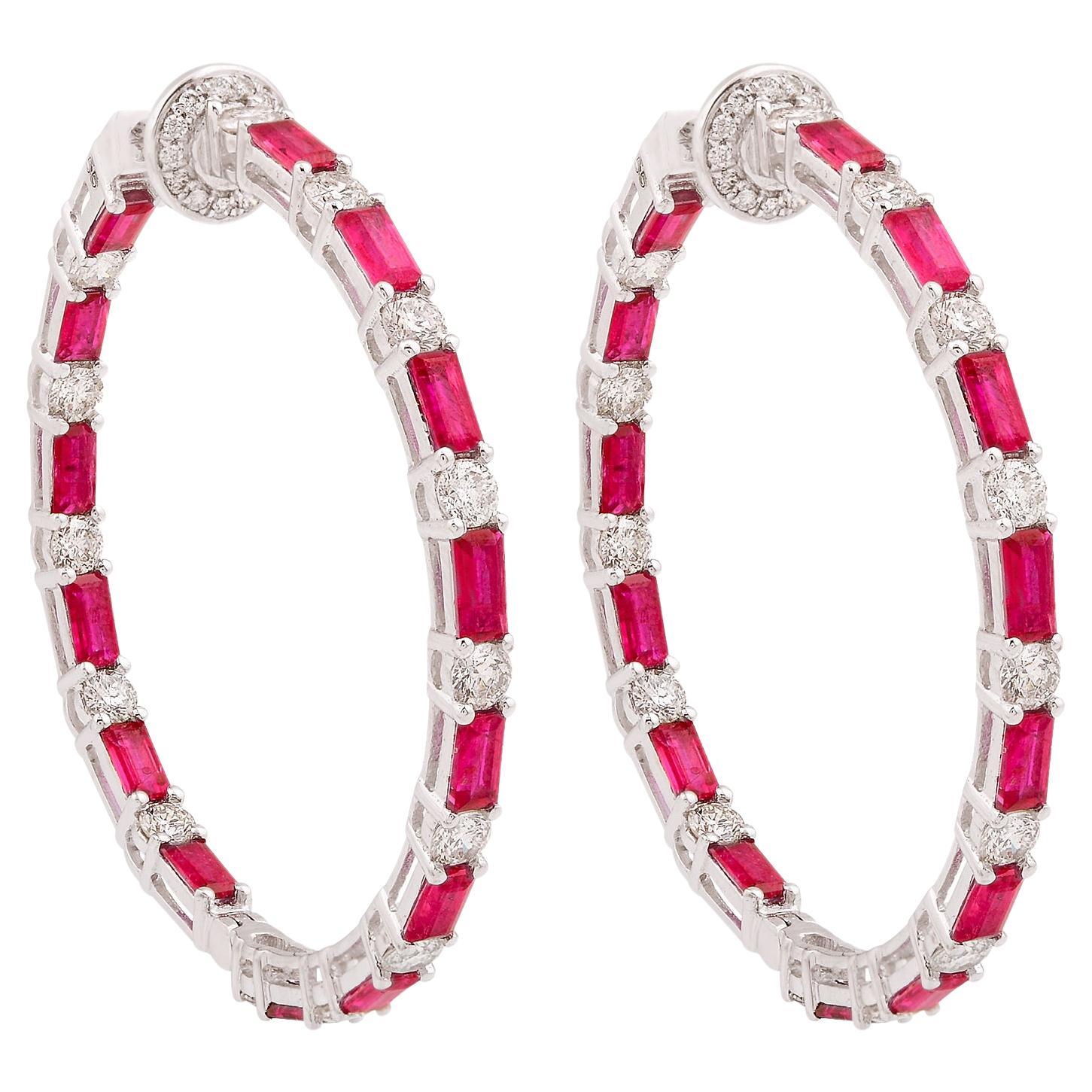 Baguette Ruby Gemstone Hoop Earrings Solid 18k White Gold Diamond Fine