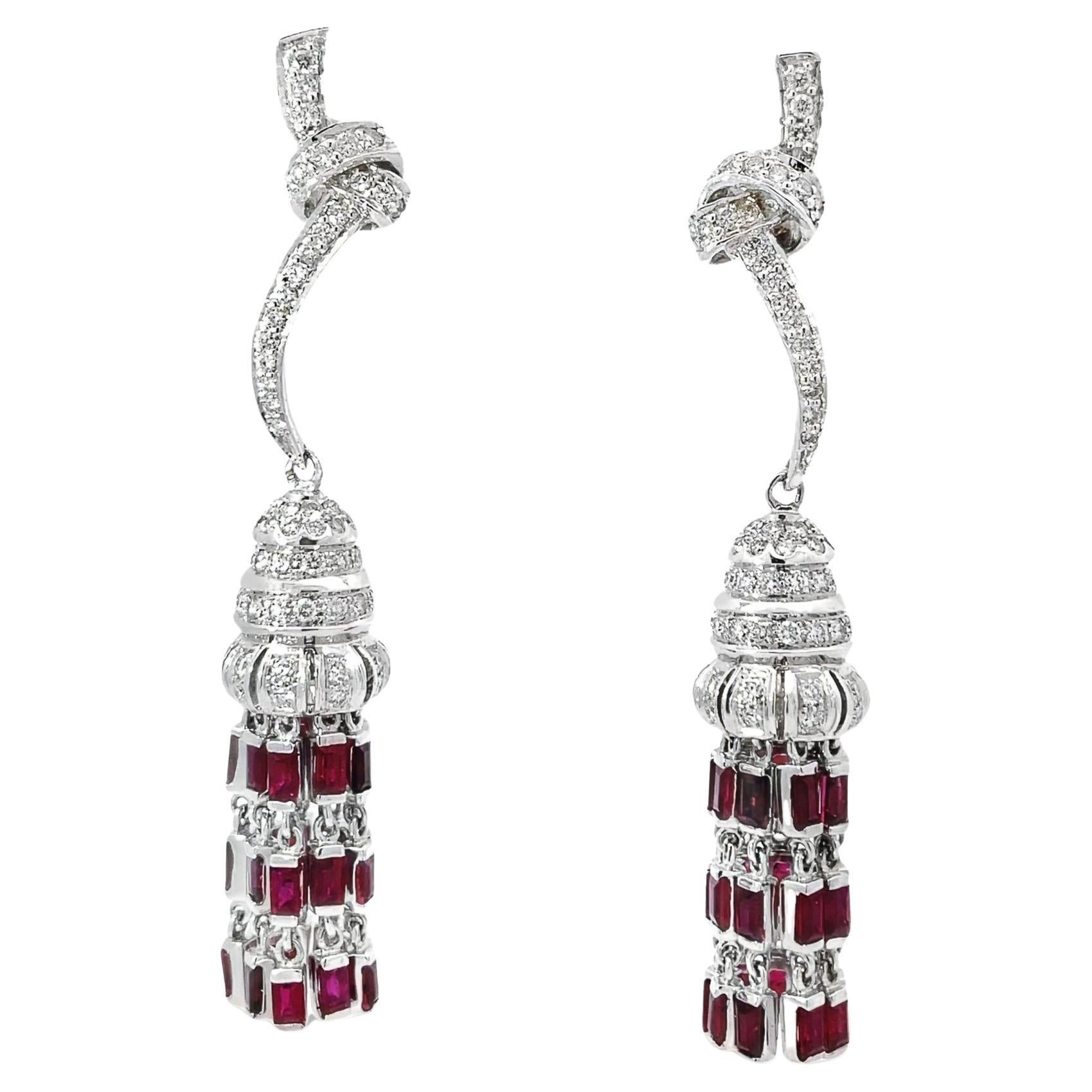 Baguette Ruby Tassle Earrings with Diamond Knot
