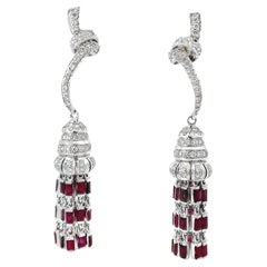 Baguette Ruby Tassle Earrings with Diamond Knot