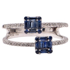 Baguette Sapphire and Diamond Double Band Cocktail Ring in 18 Carat White Gold