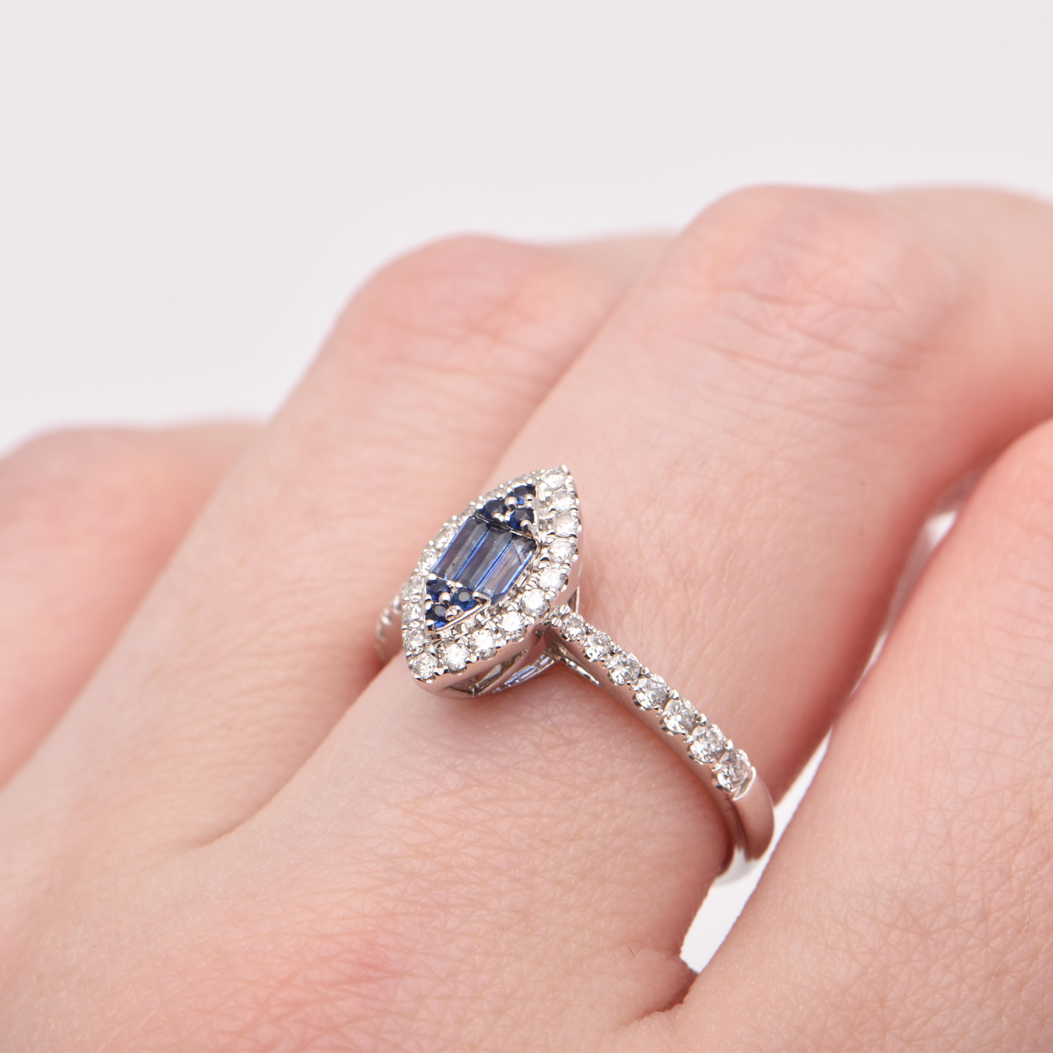 Baguette Sapphire and Diamond Halo Ring in 18 Carat White Gold For Sale 1