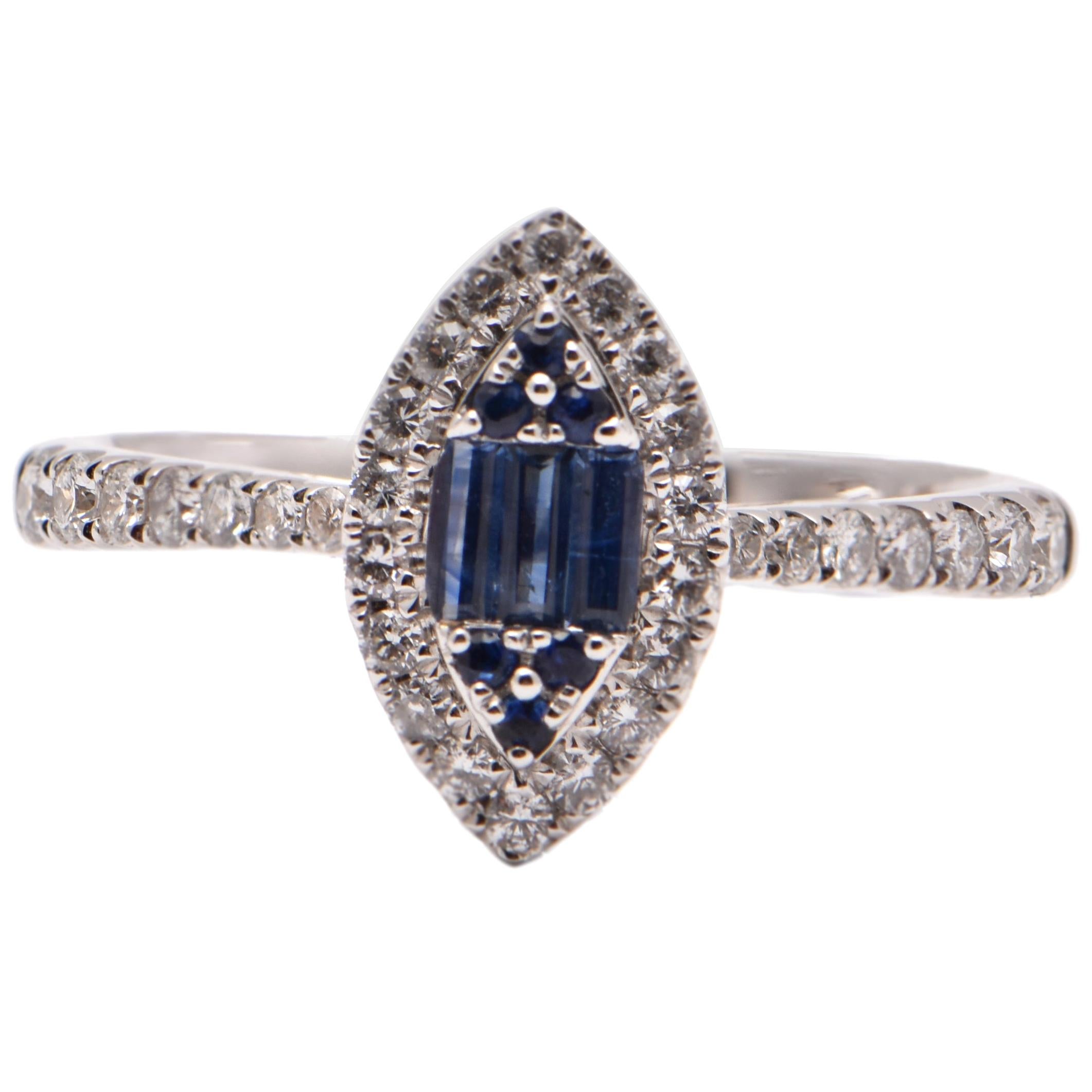Baguette Sapphire and Diamond Halo Ring in 18 Carat White Gold For Sale
