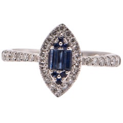 Baguette Sapphire and Diamond Halo Ring in 18 Carat White Gold