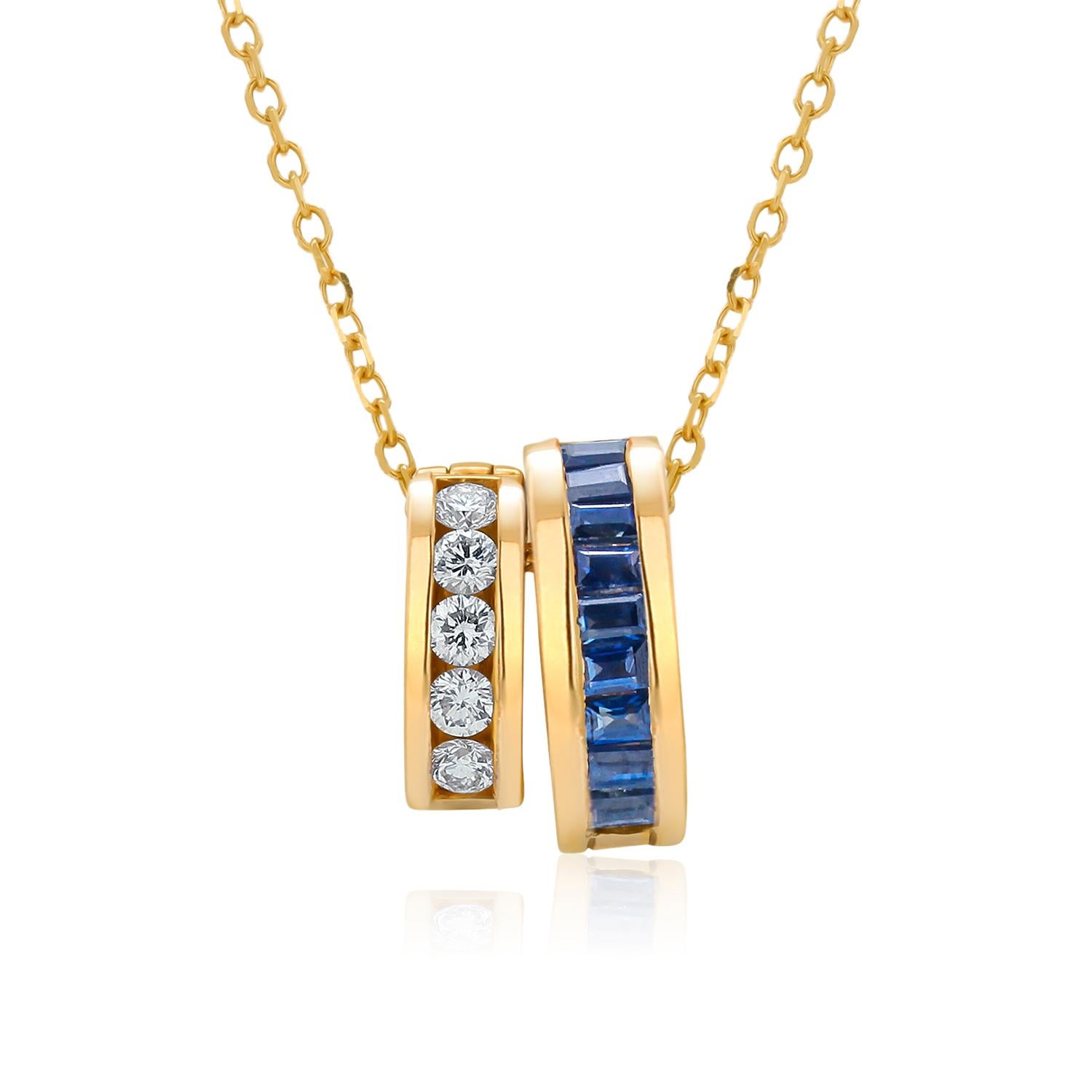 Contemporary Baguette Sapphire and Round Diamond Detachable Charms Gold Pendant Necklace