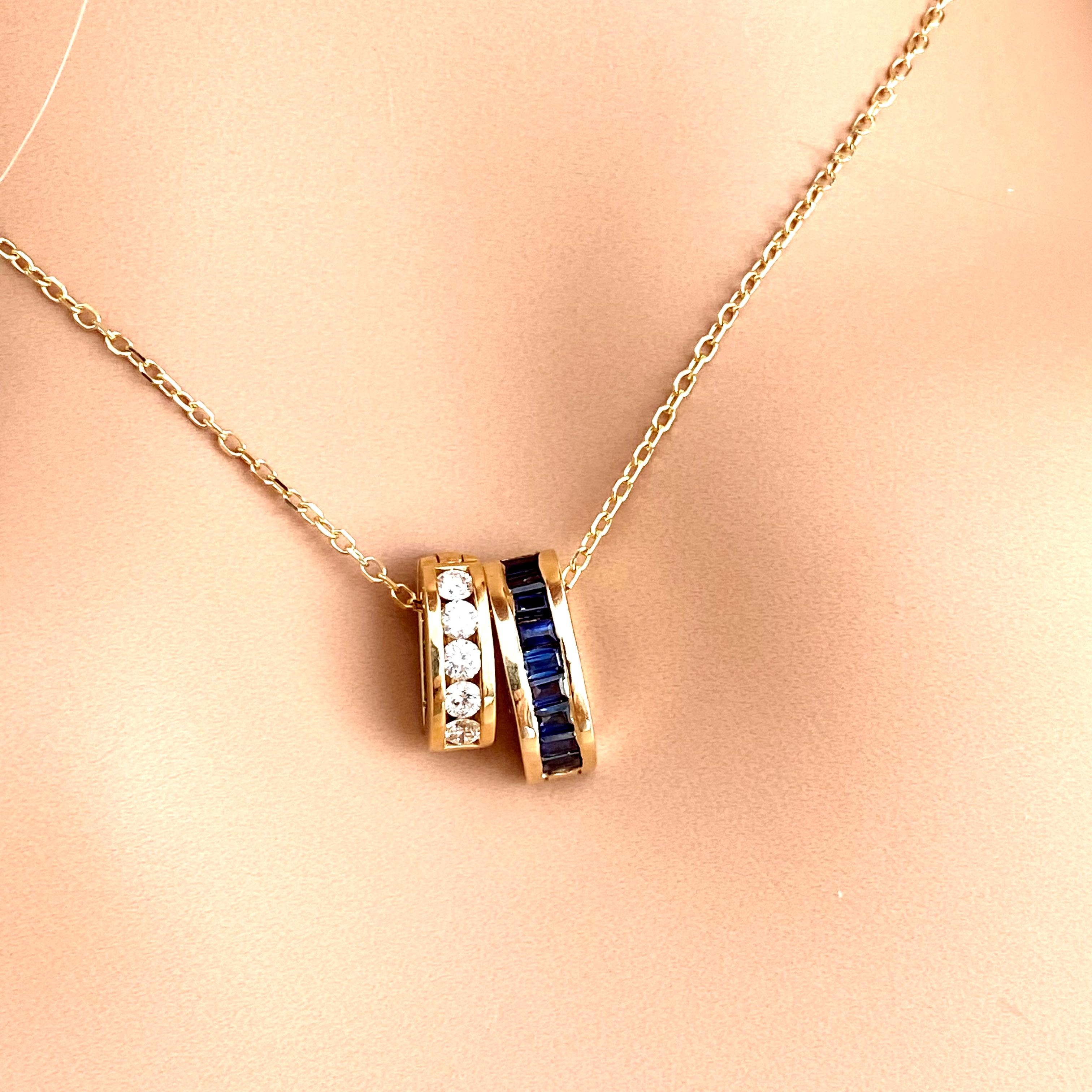 Baguette Cut Baguette Sapphire and Round Diamond Detachable Charms Gold Pendant Necklace