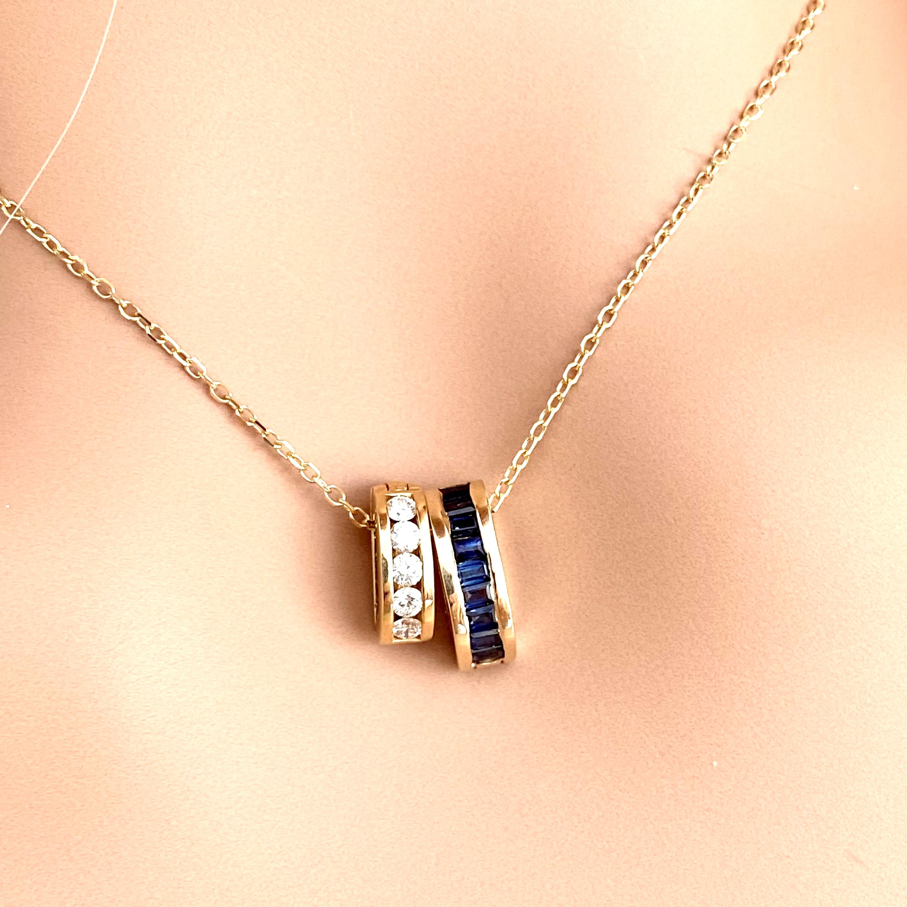 Baguette Sapphire and Round Diamond Detachable Charms Gold Pendant Necklace In New Condition In New York, NY