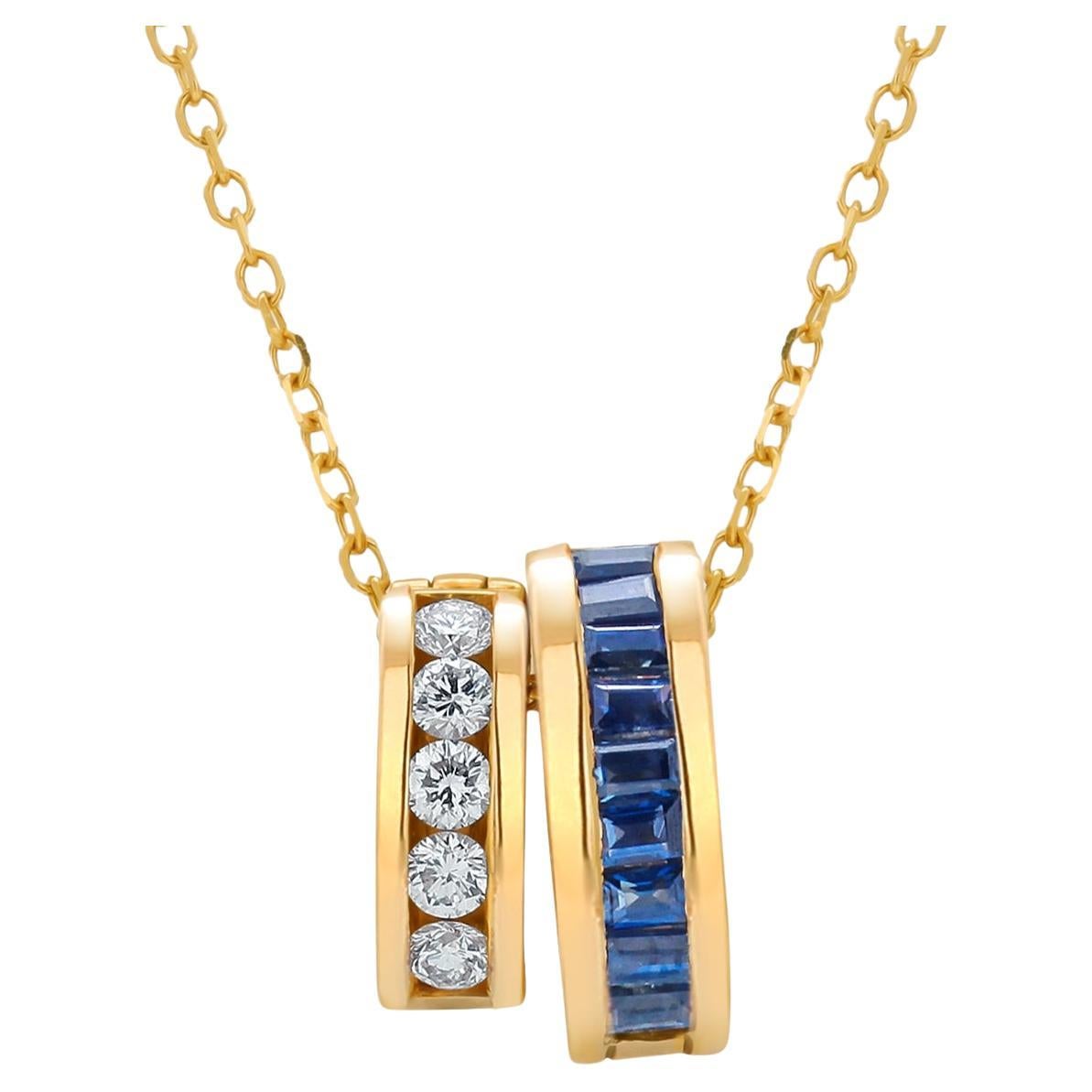 Baguette Sapphire and Round Diamond Detachable Charms Gold Pendant Necklace