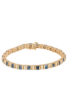 Baguette Sapphire and Round Diamond Line Bracelet 18K Yellow Gold