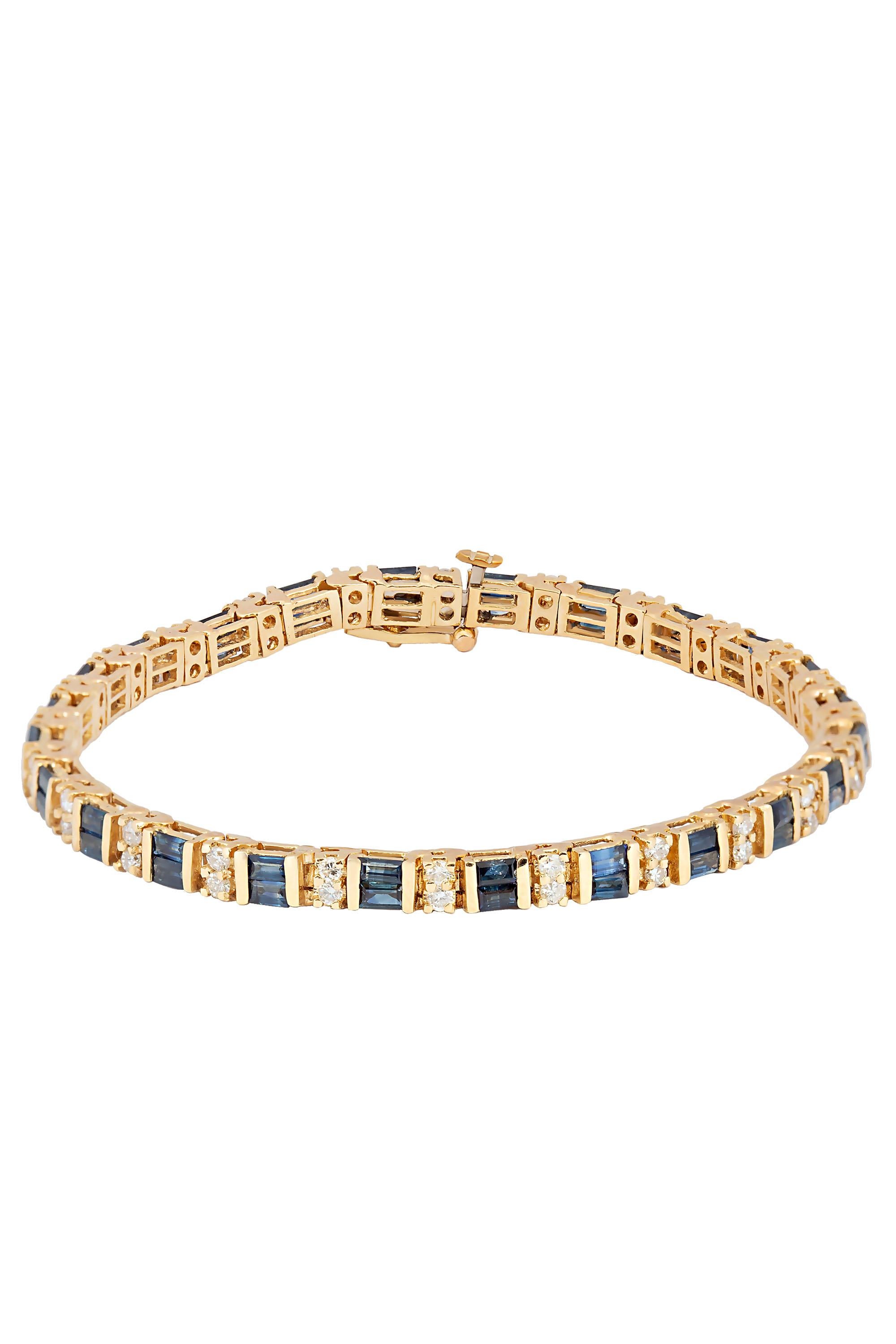 Baguette Cut Baguette Sapphire and Round Diamond Line Bracelet 18K Yellow Gold For Sale
